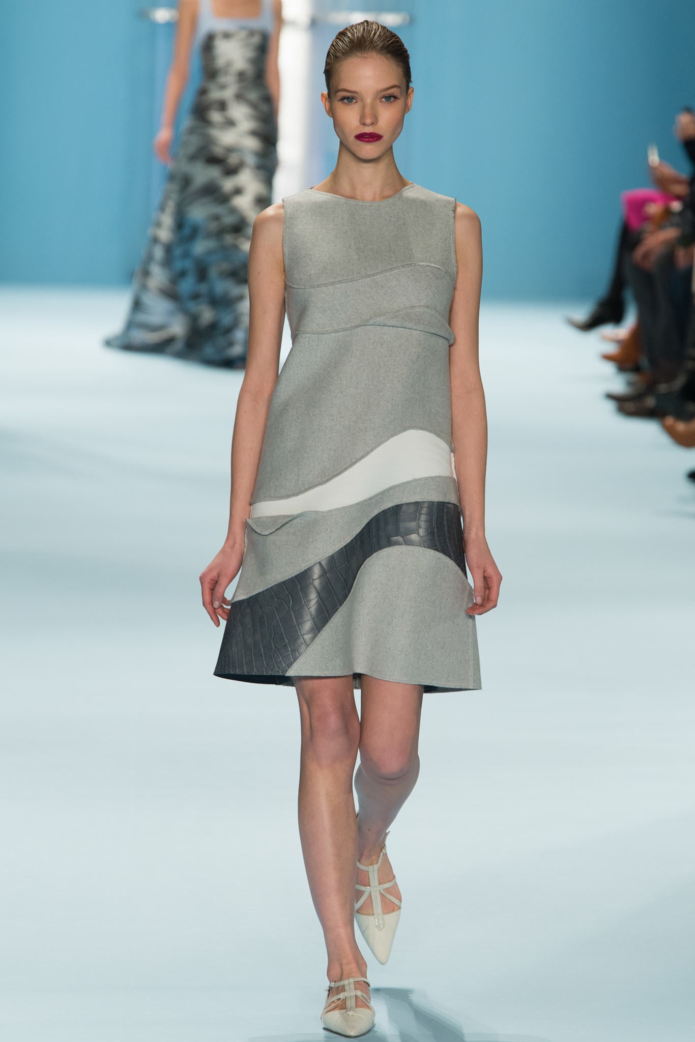 gray leather sleeveless boat-neck color-blocked panelled textured mini-dress