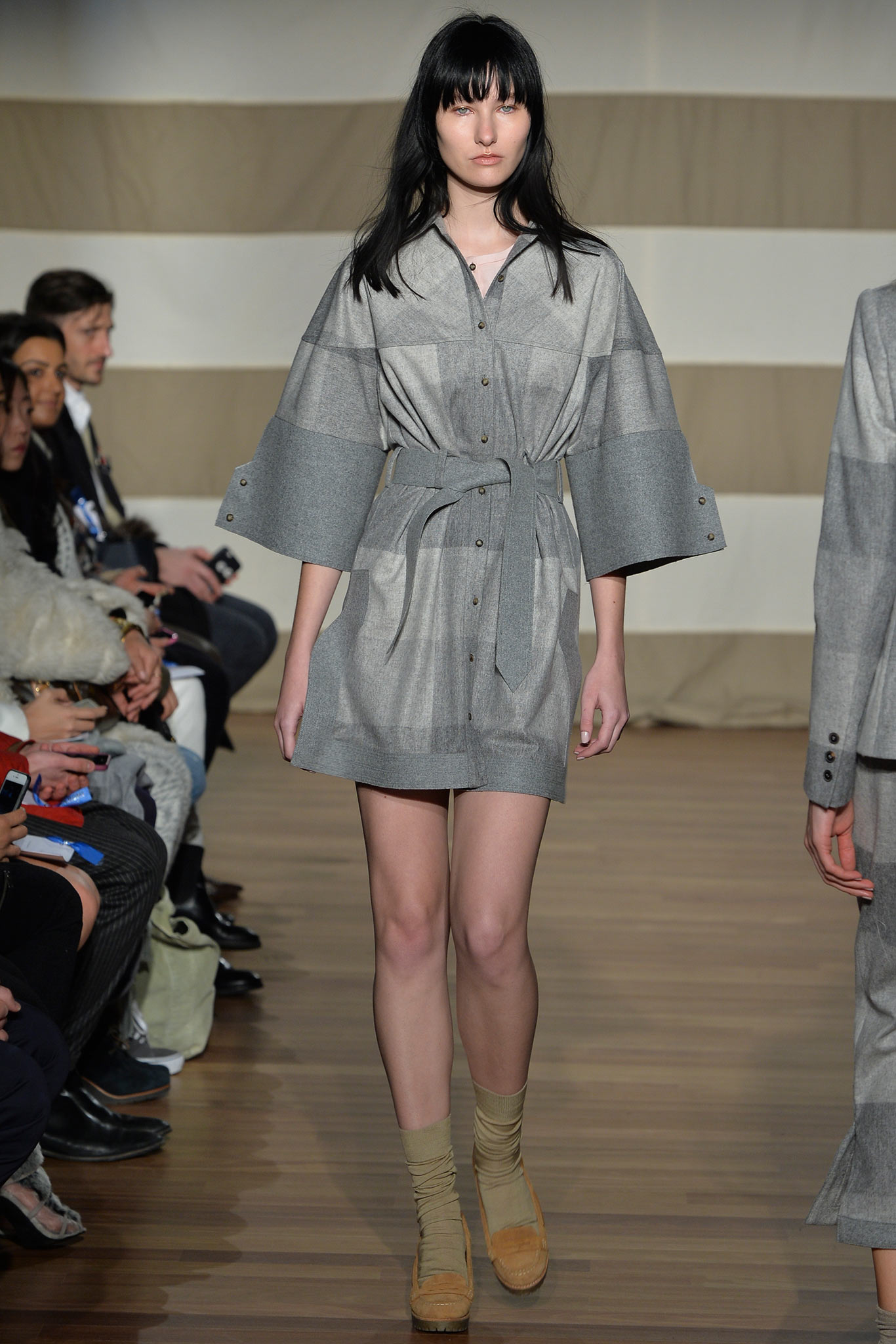 gray belted shirt dress