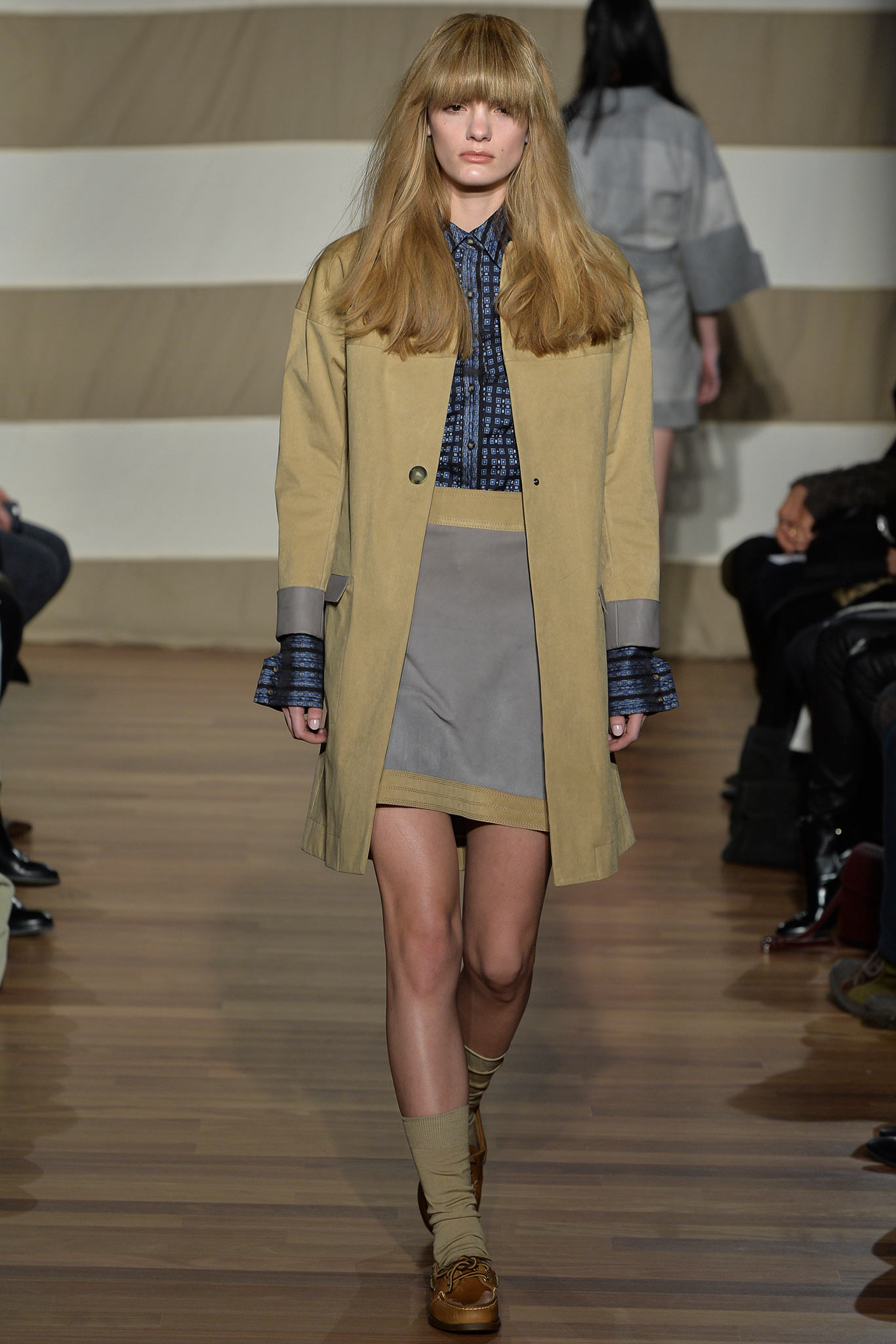 color-blocked beige coat
