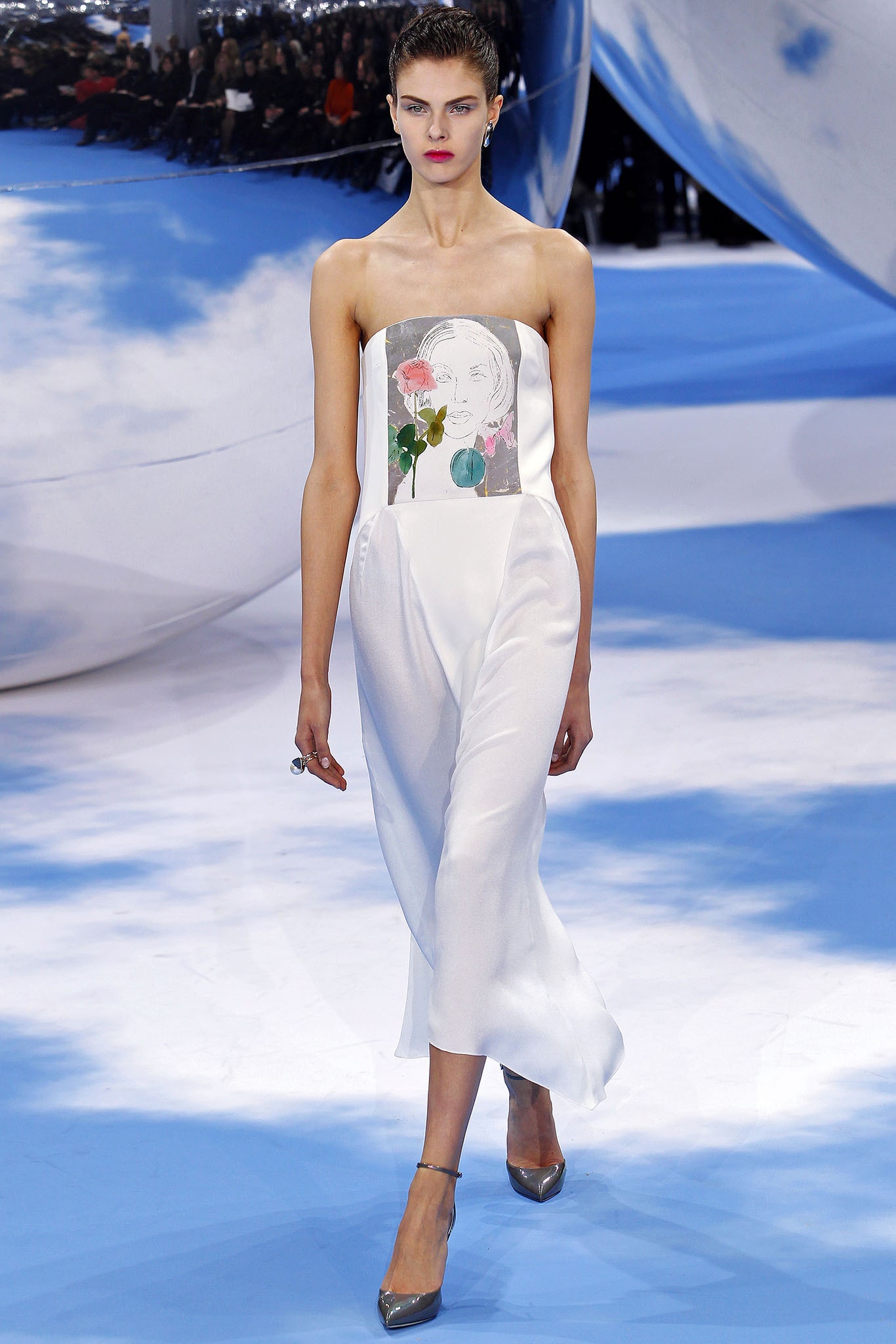 white satin strapless printed draped shiny flowing maxi-dress