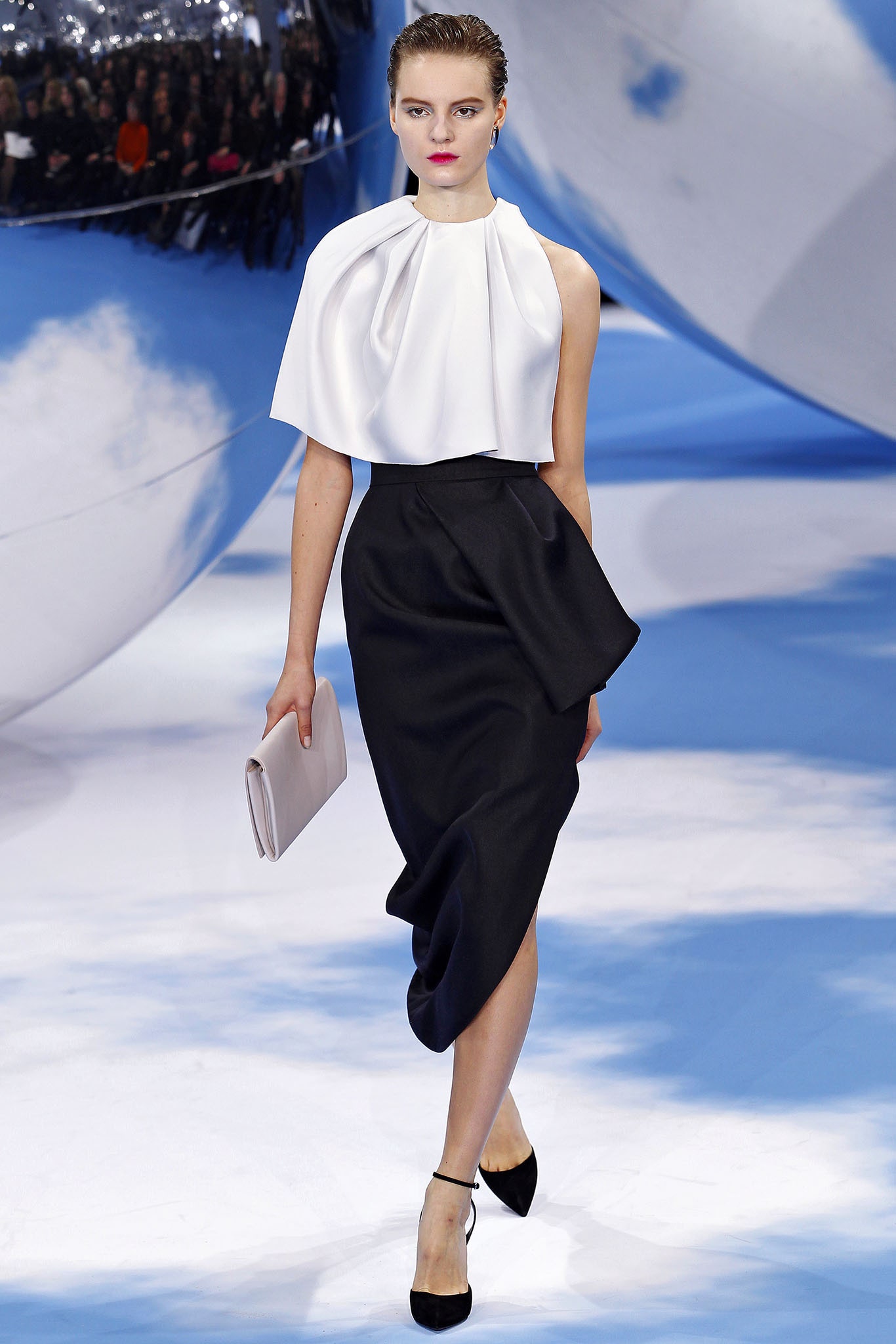 black crepe asymmetric slit high-waisted draped flowing skirt