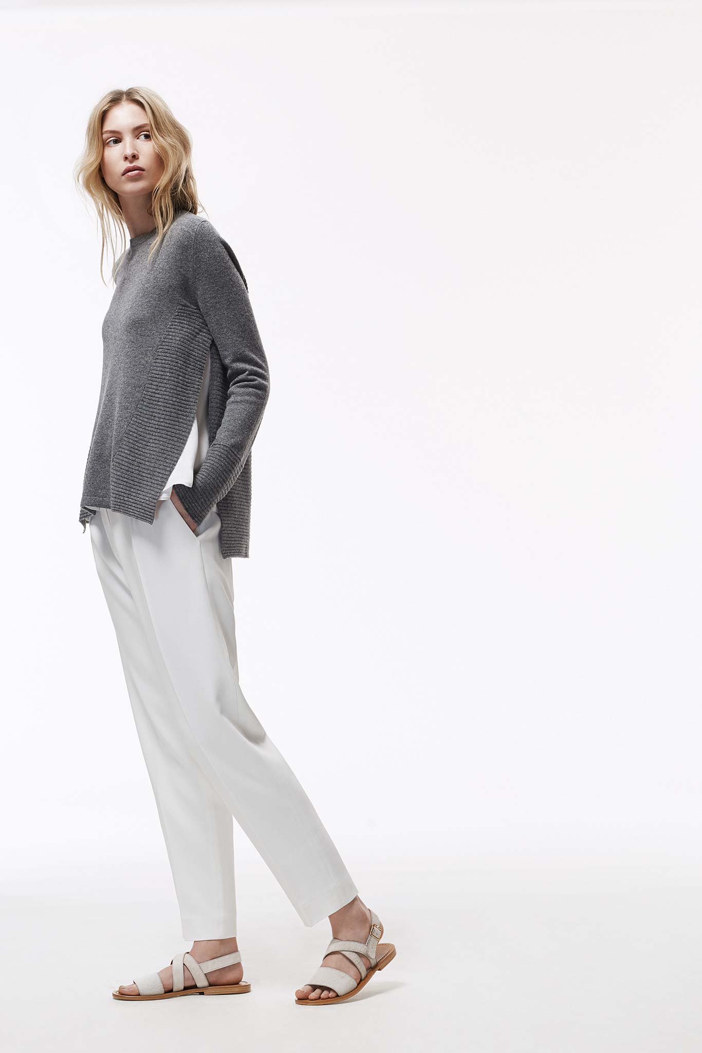 gray ribbed side-slit sweater