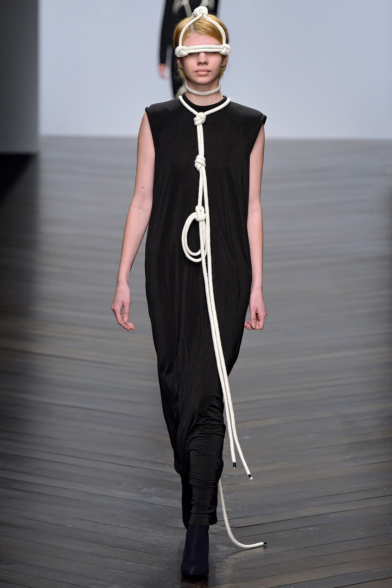 black draped maxi dress with rope scarf