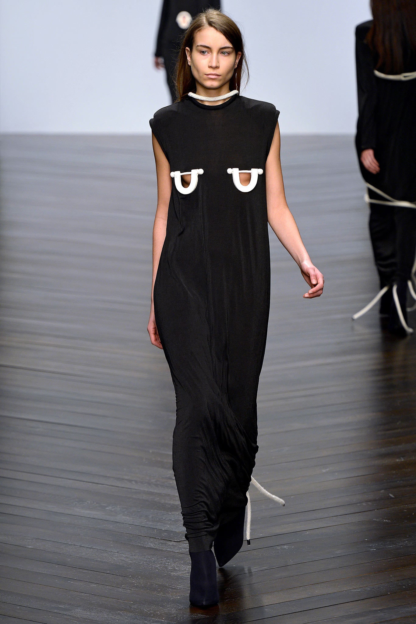 black draped maxi dress with rope hardware