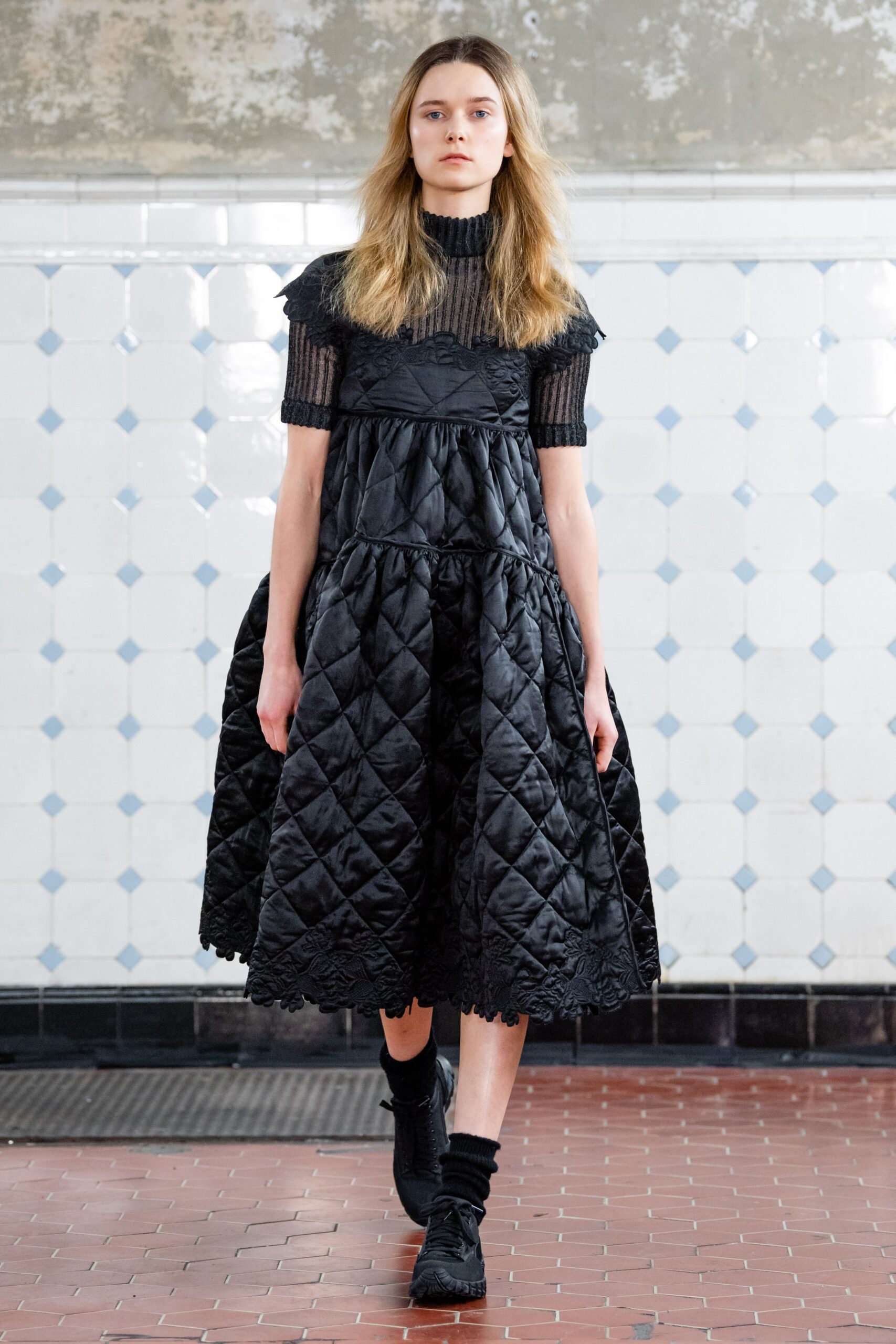 black satin sleeveless square-neck quilted tiered dress