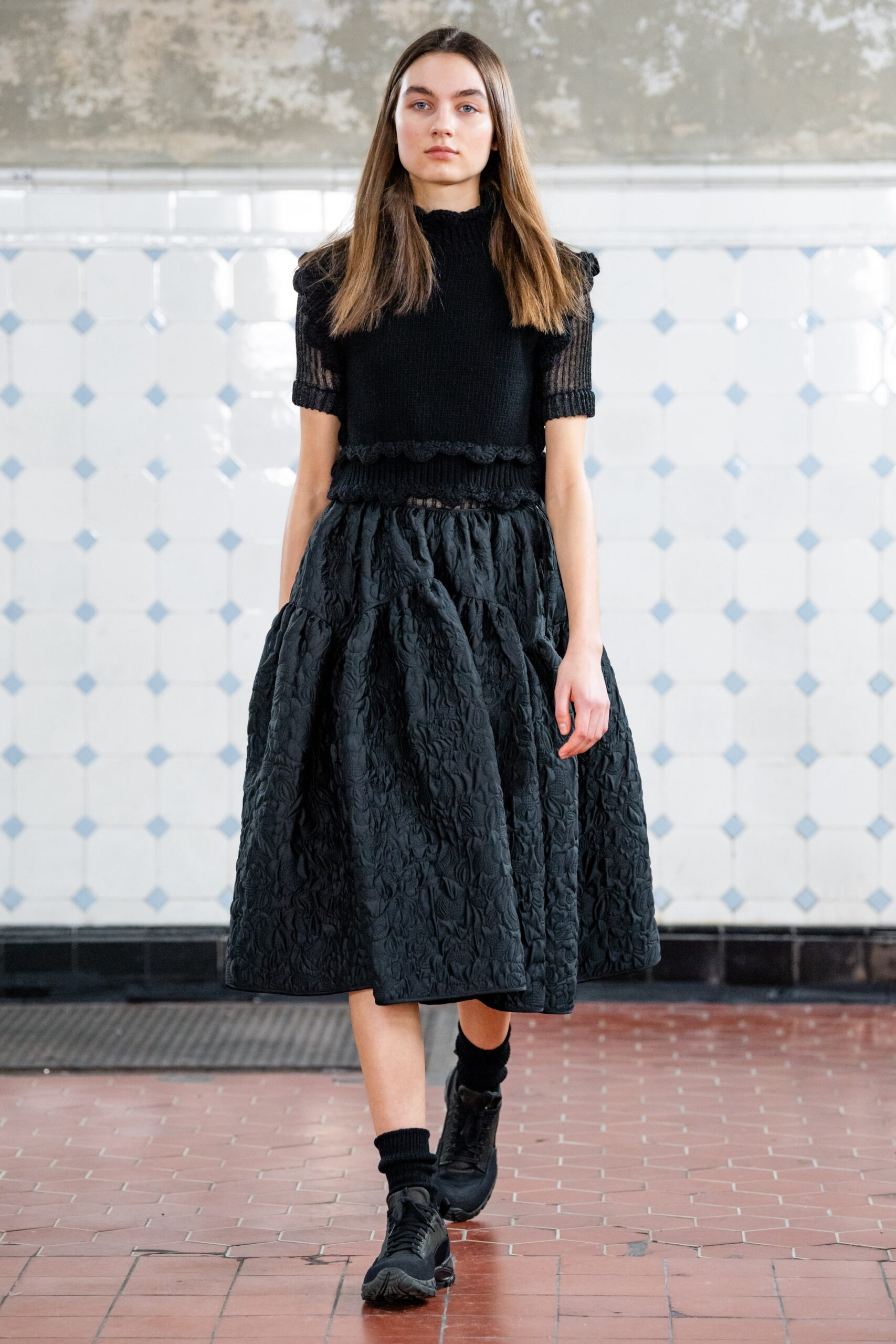 black jacquard a-line embellished textured midi skirt