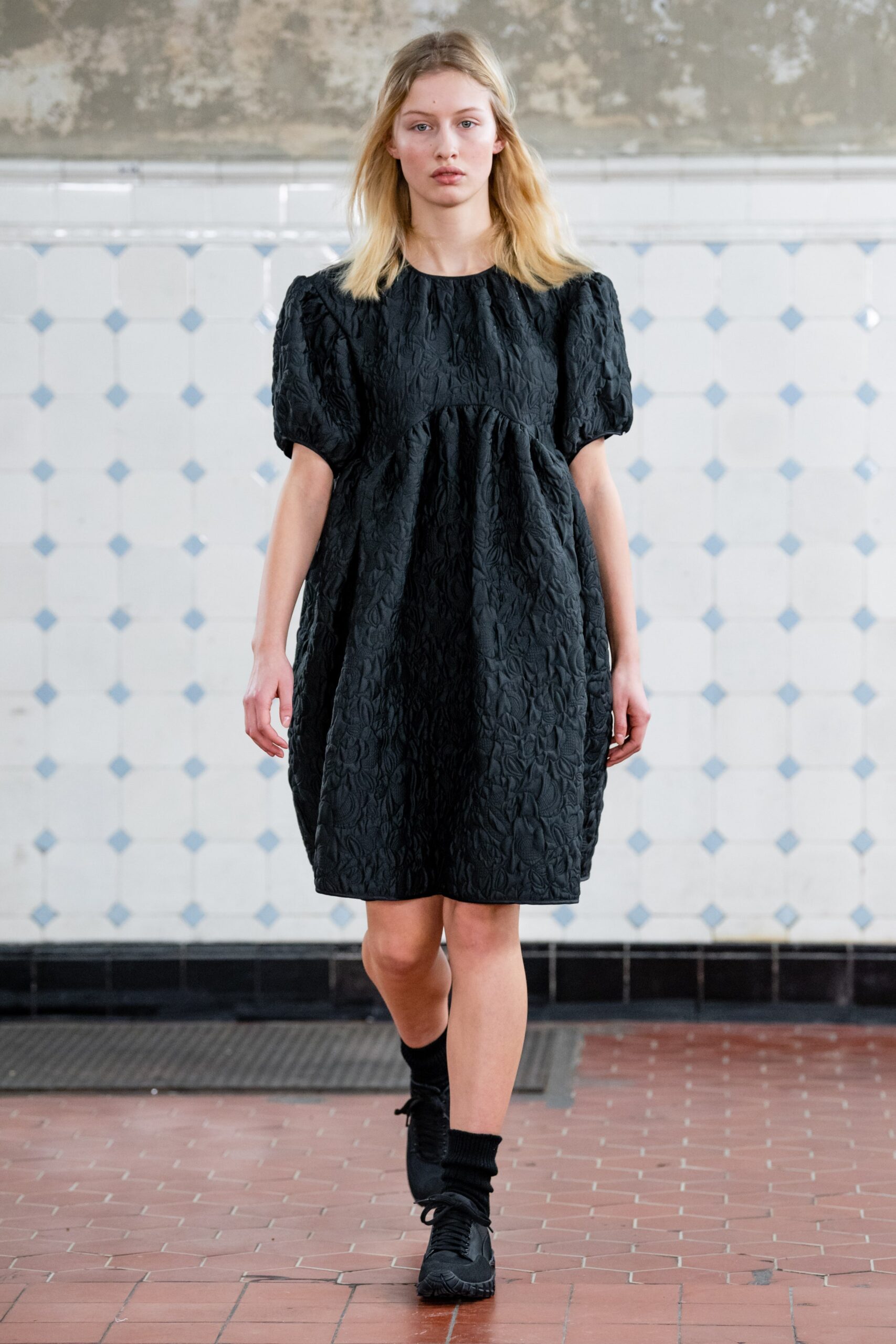 black jacquard short-sleeve high-neck relaxed textured mini mini-dress