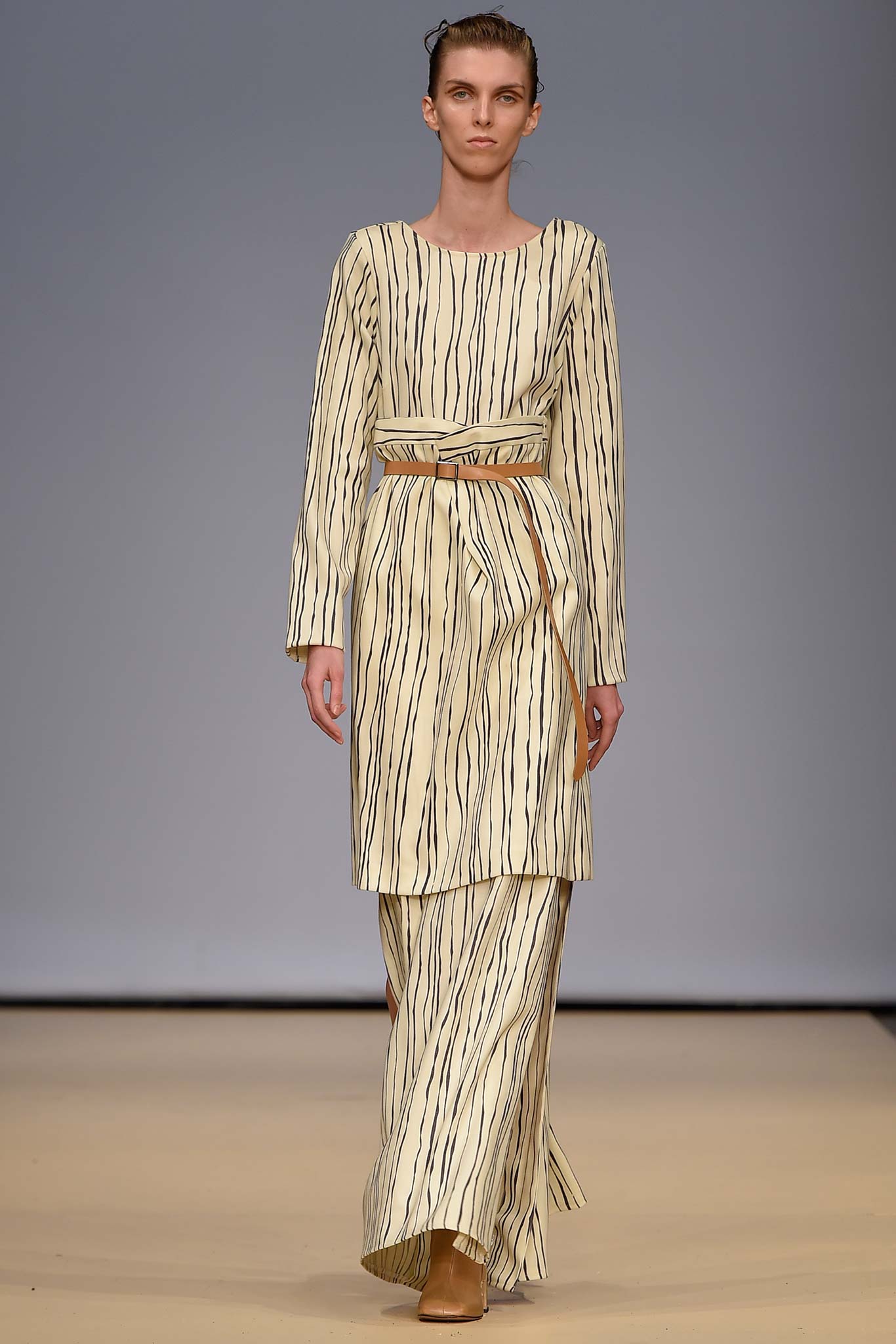 striped belted draped maxi dress