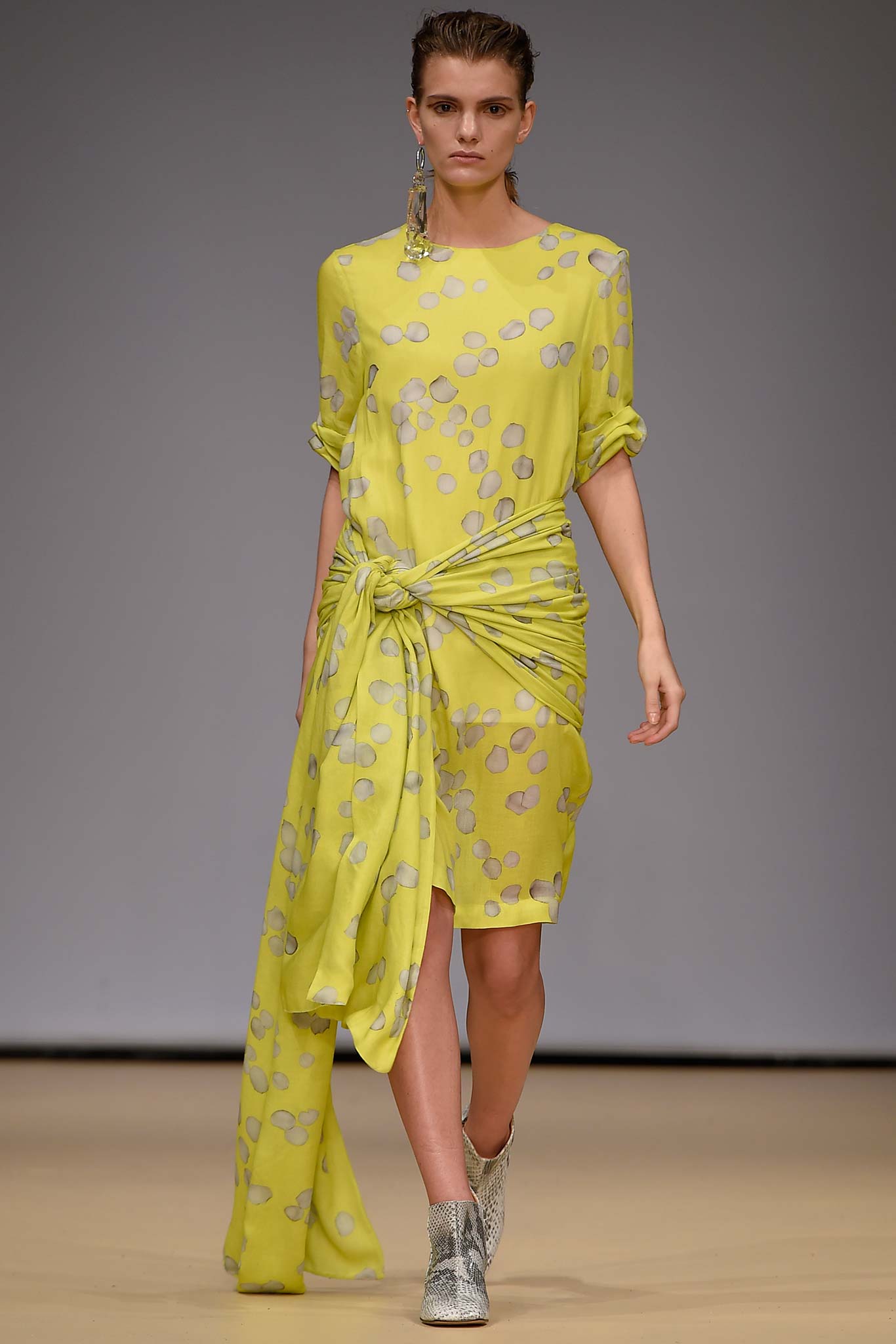 yellow draped cutout midi dress