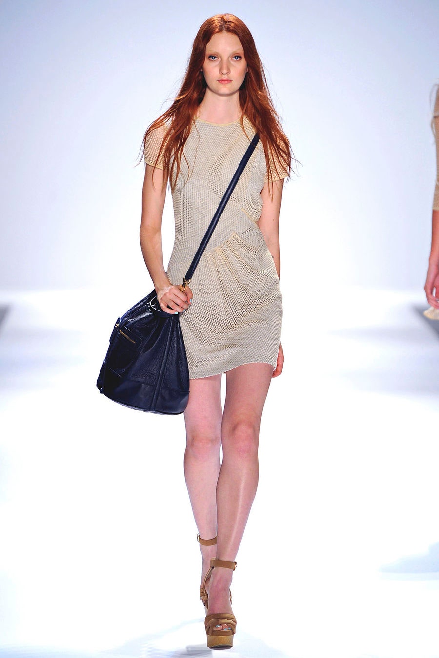 ivory knit short-sleeve high-neck fitted ruched mini-dress