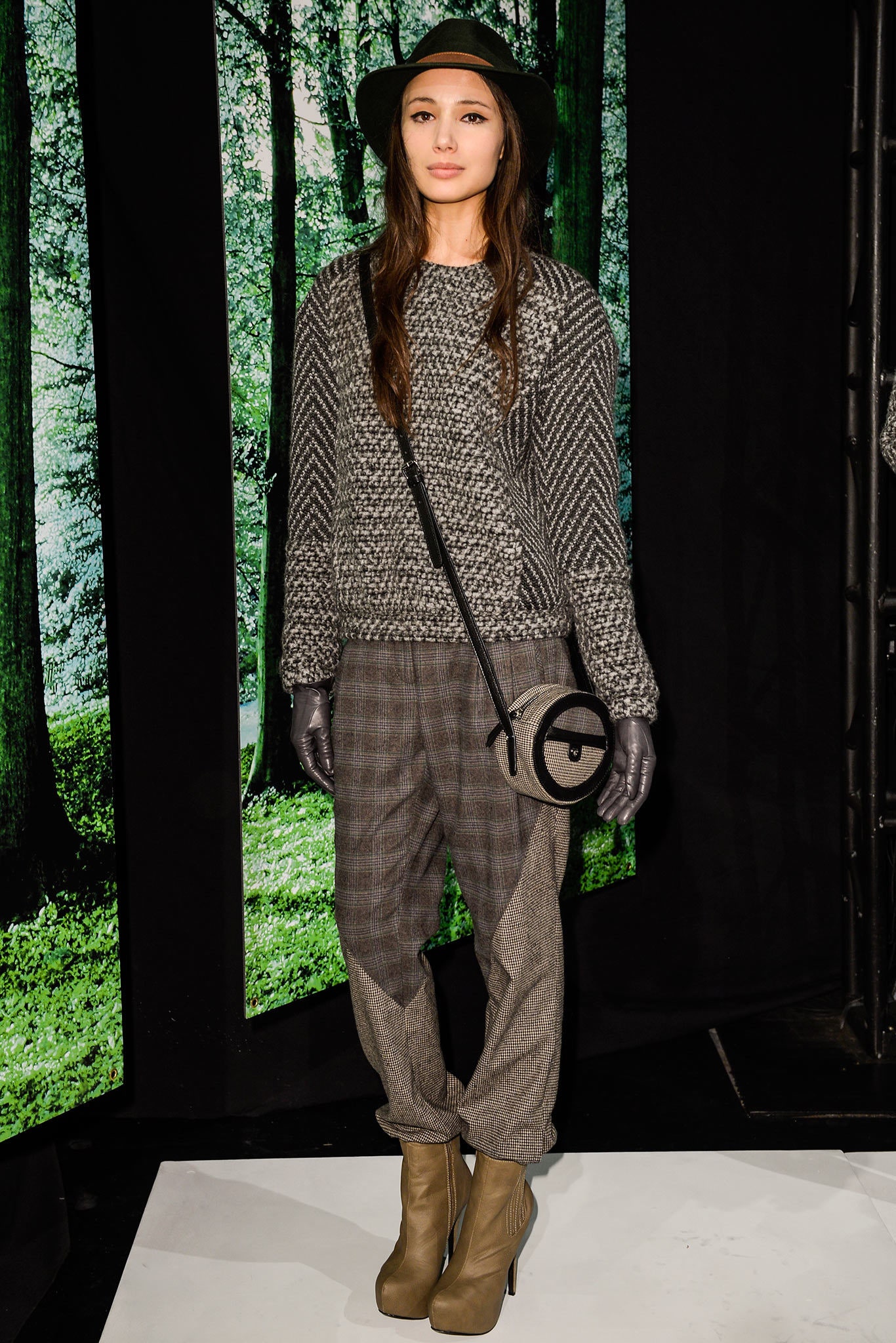 patchwork plaid trousers with platform ankle boots