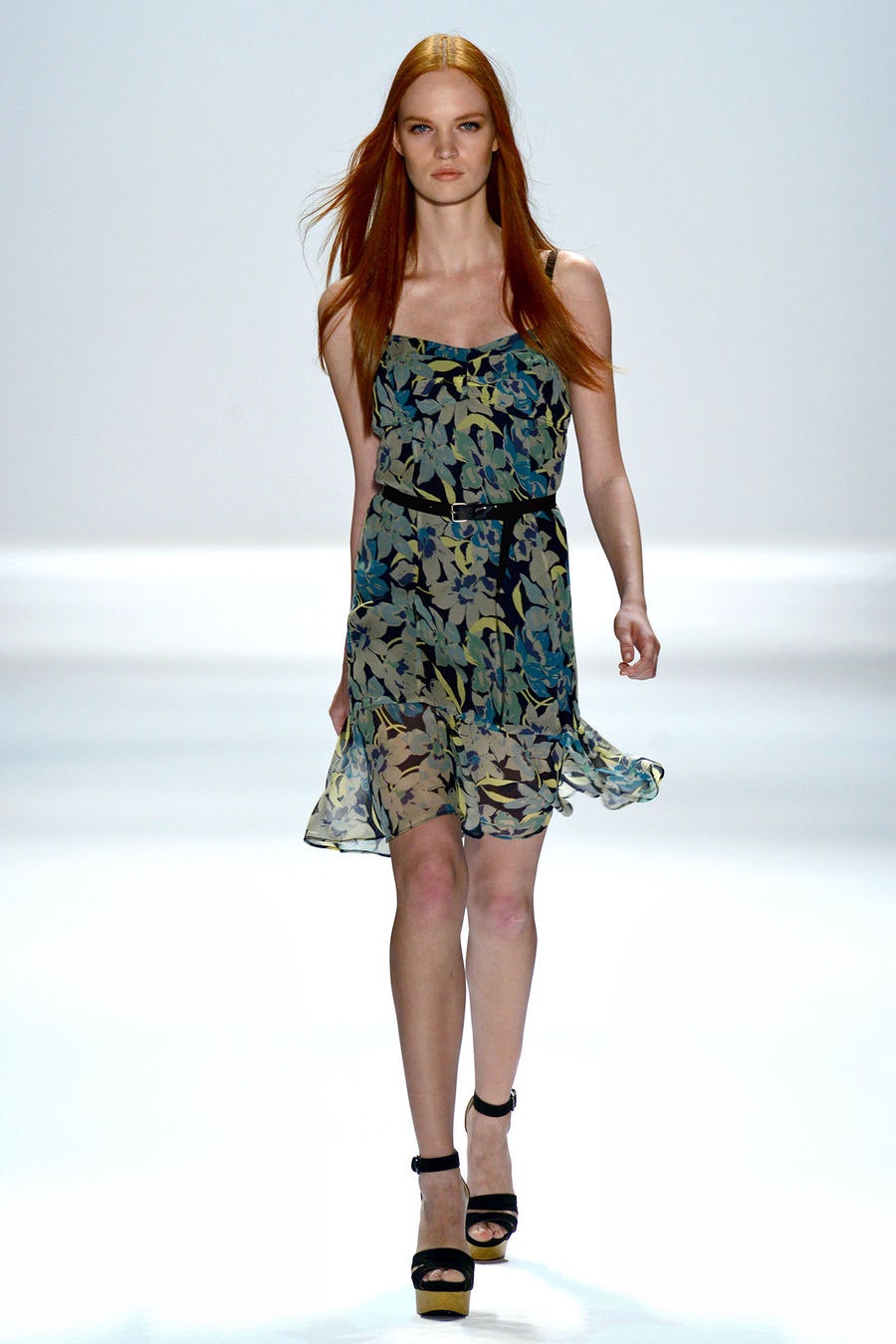 blue chiffon spaghetti-strap square-neck floral ruffled mini-dress