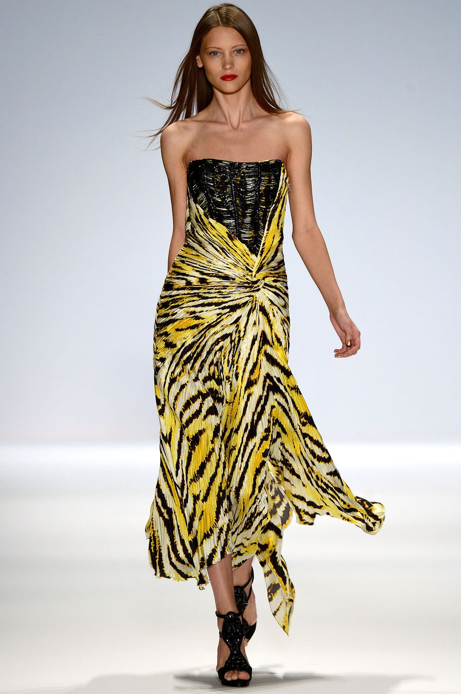 yellow zebra-print strapless evening gown
