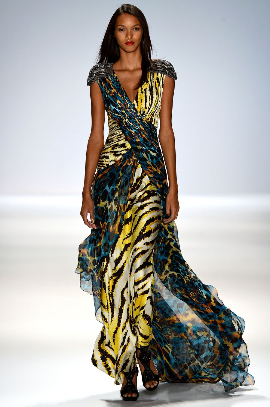 mixed animal-print chiffon evening gown