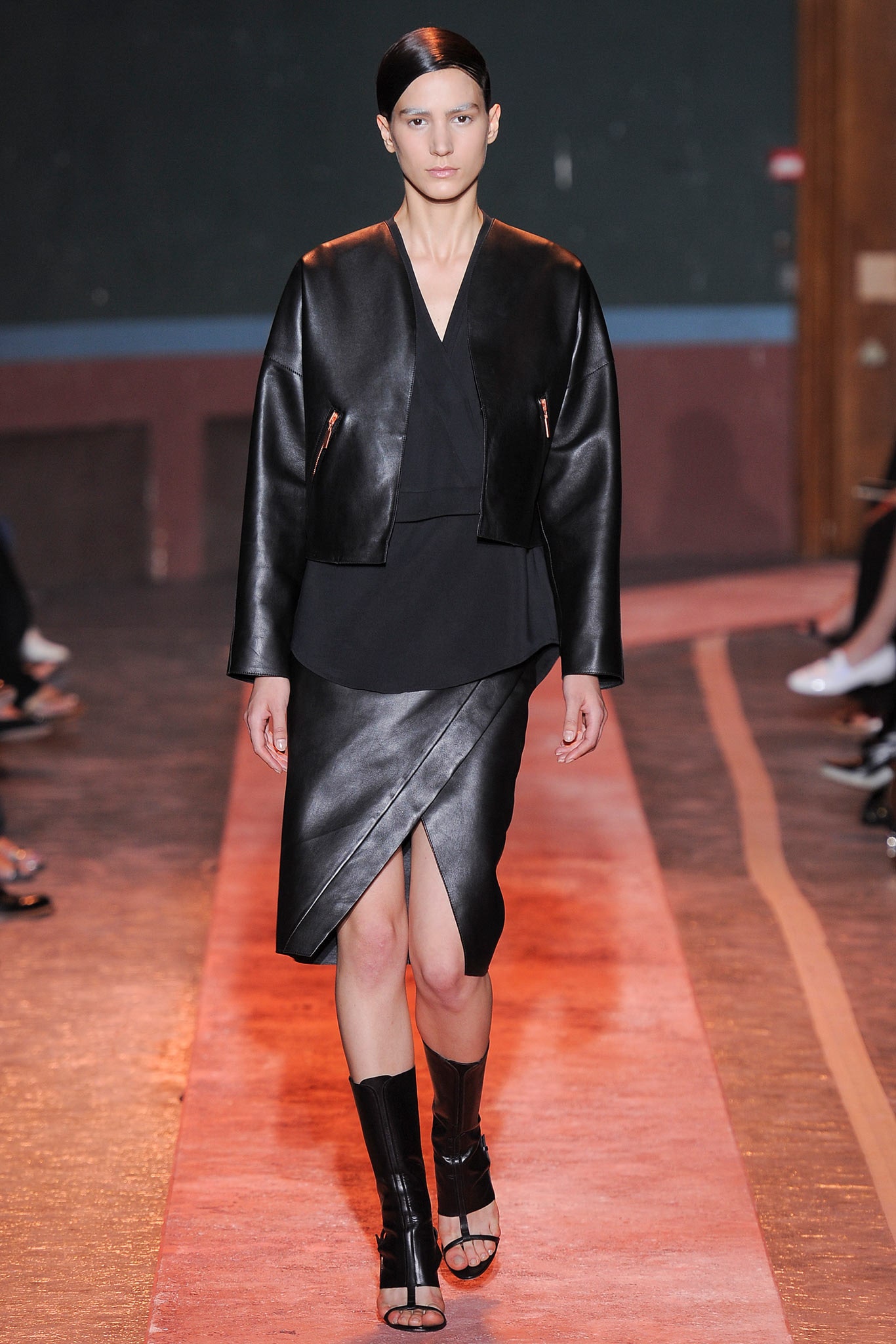 black leather wrap-front midi skirt