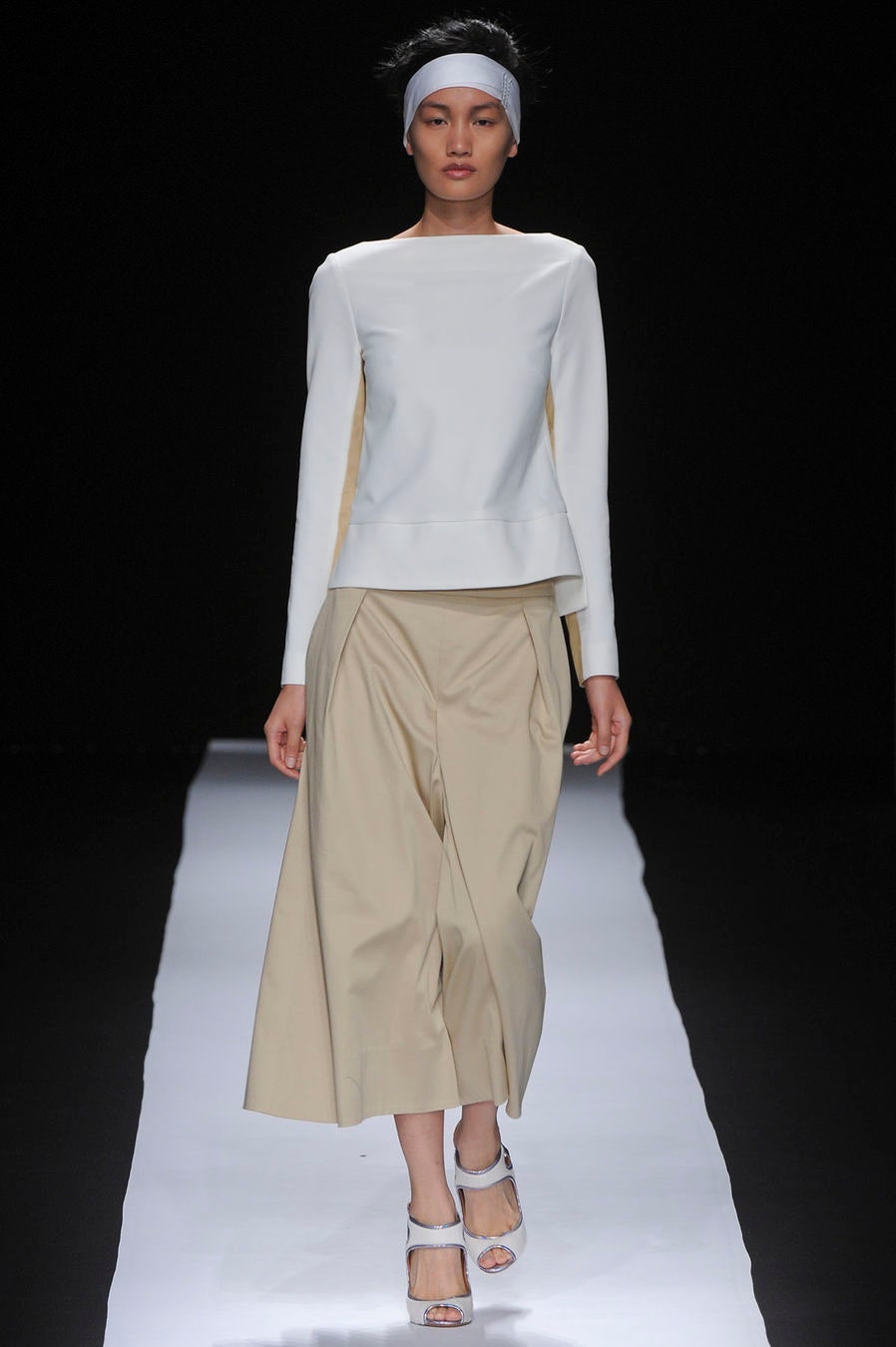 beige cotton high-waisted wide-leg draped flowing midi culottes