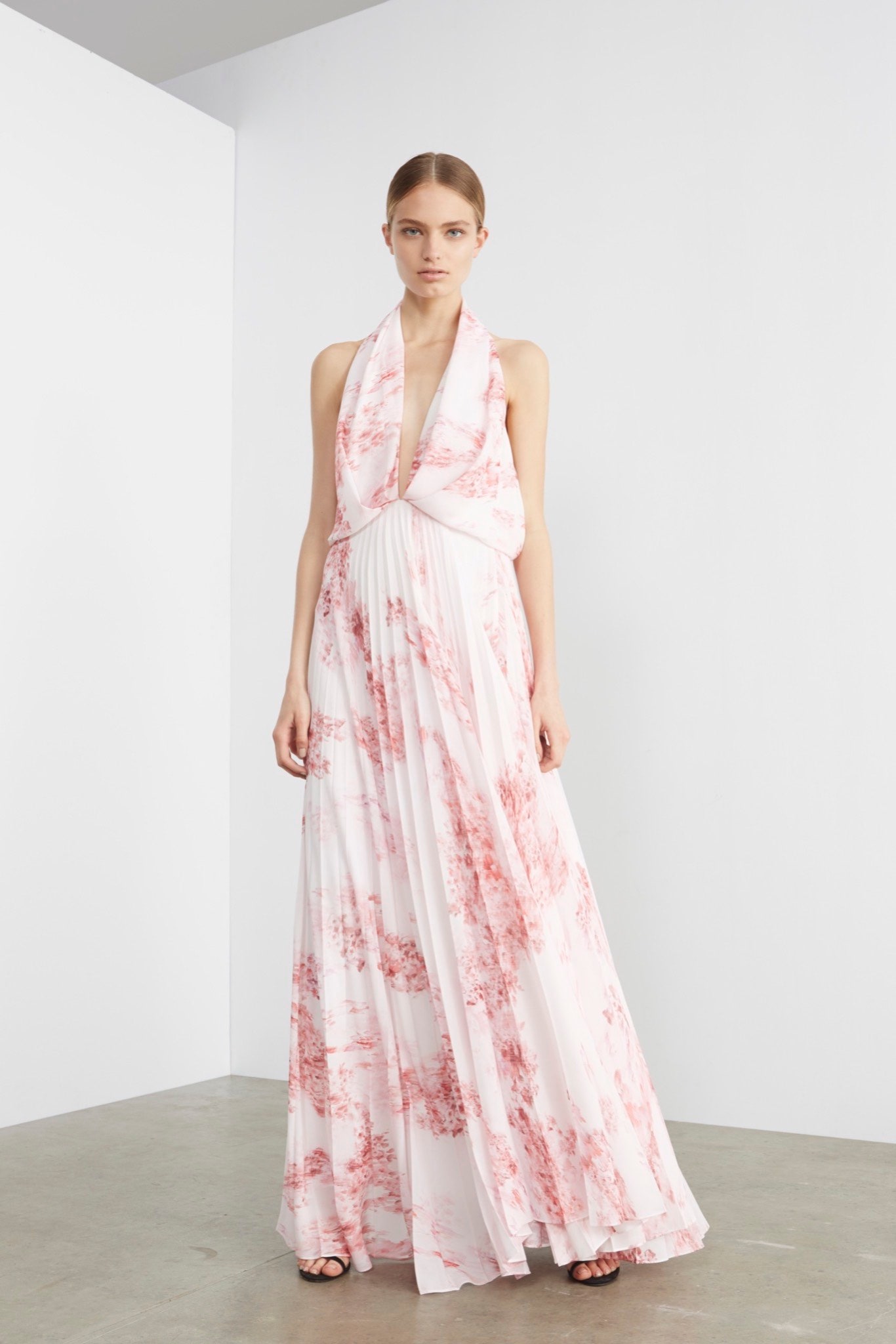 pink floral halter chiffon gown