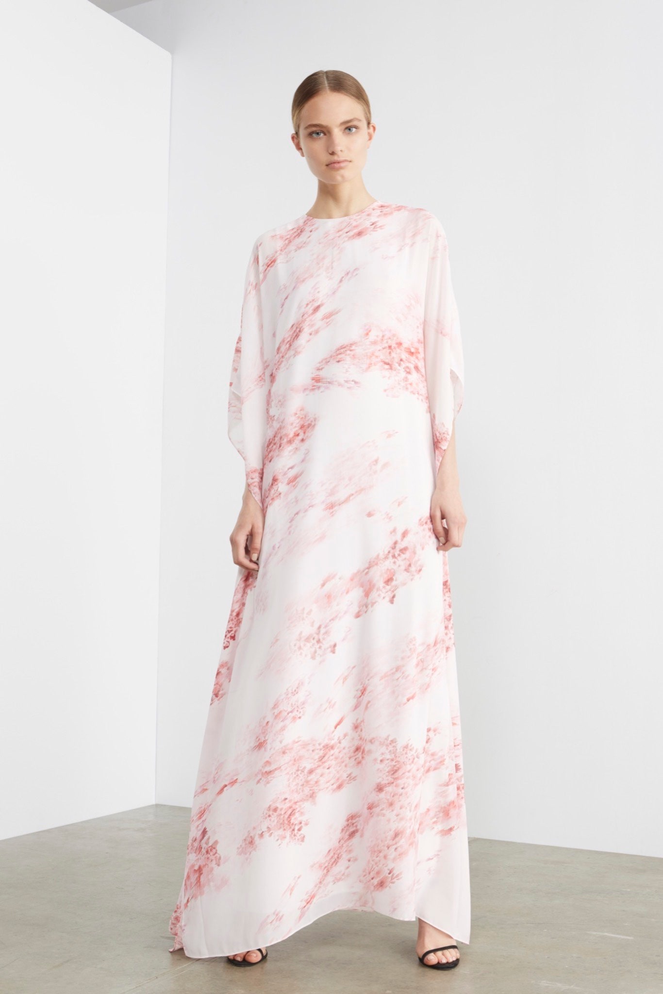 ivory chiffon high-neck relaxed printed draped flowing maxi-dress