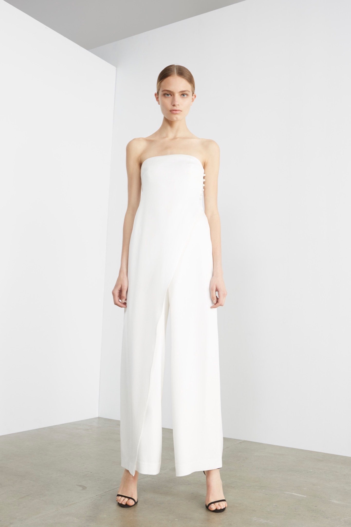 strapless white wide-leg jumpsuit