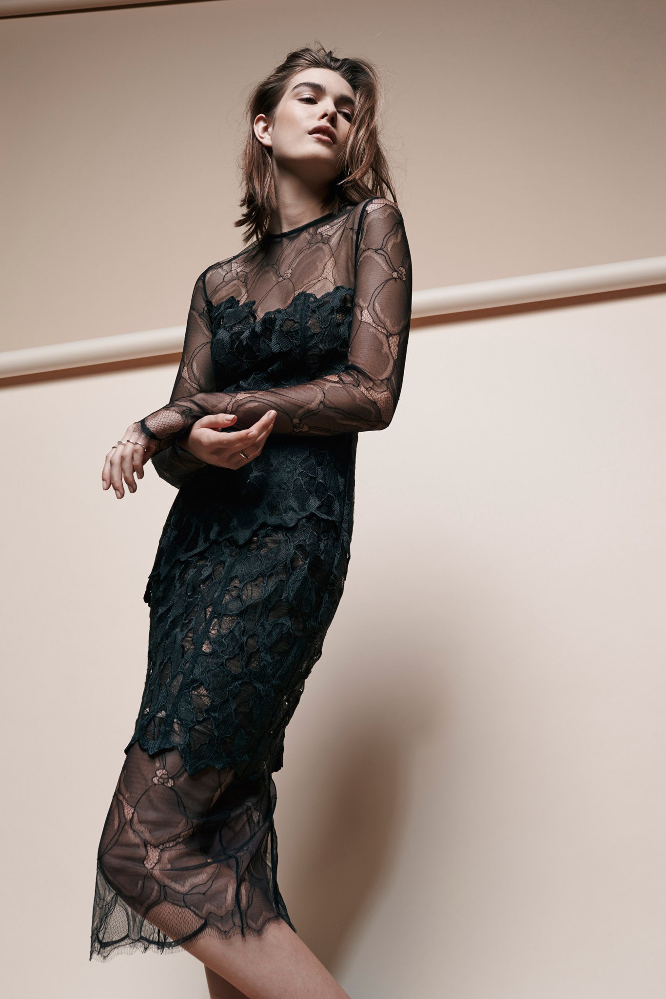 black lace long-sleeve high-neck fitted floral embroidered dress