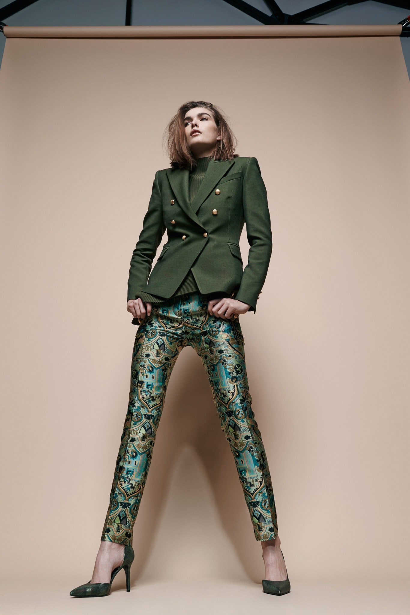 multi brocade slim printed shiny textured pants