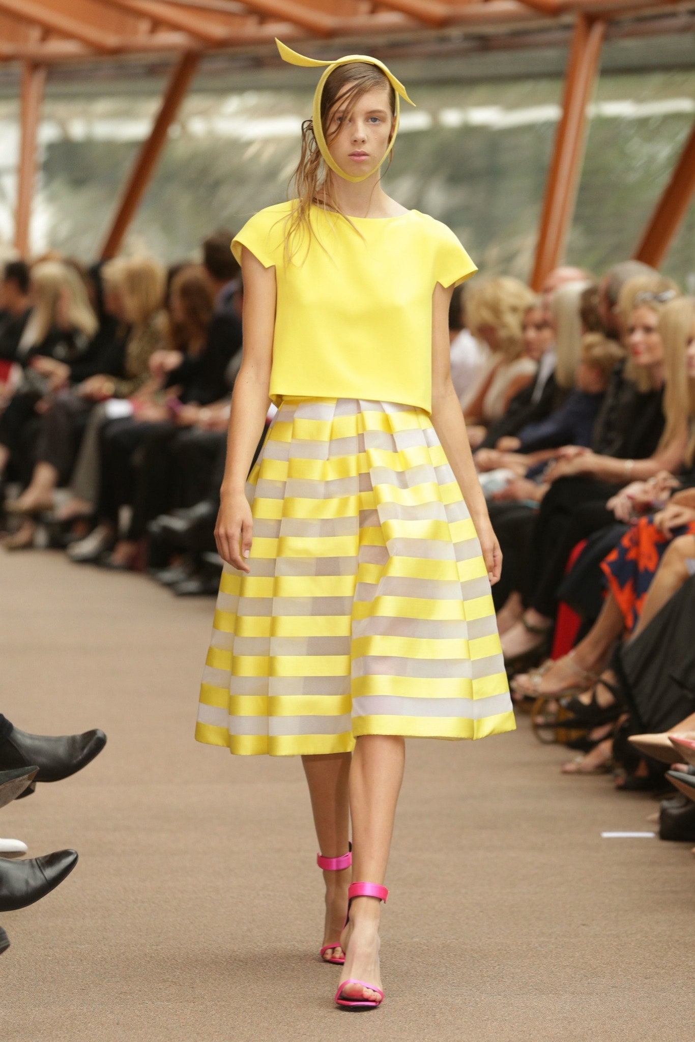yellow striped organza midi skirt