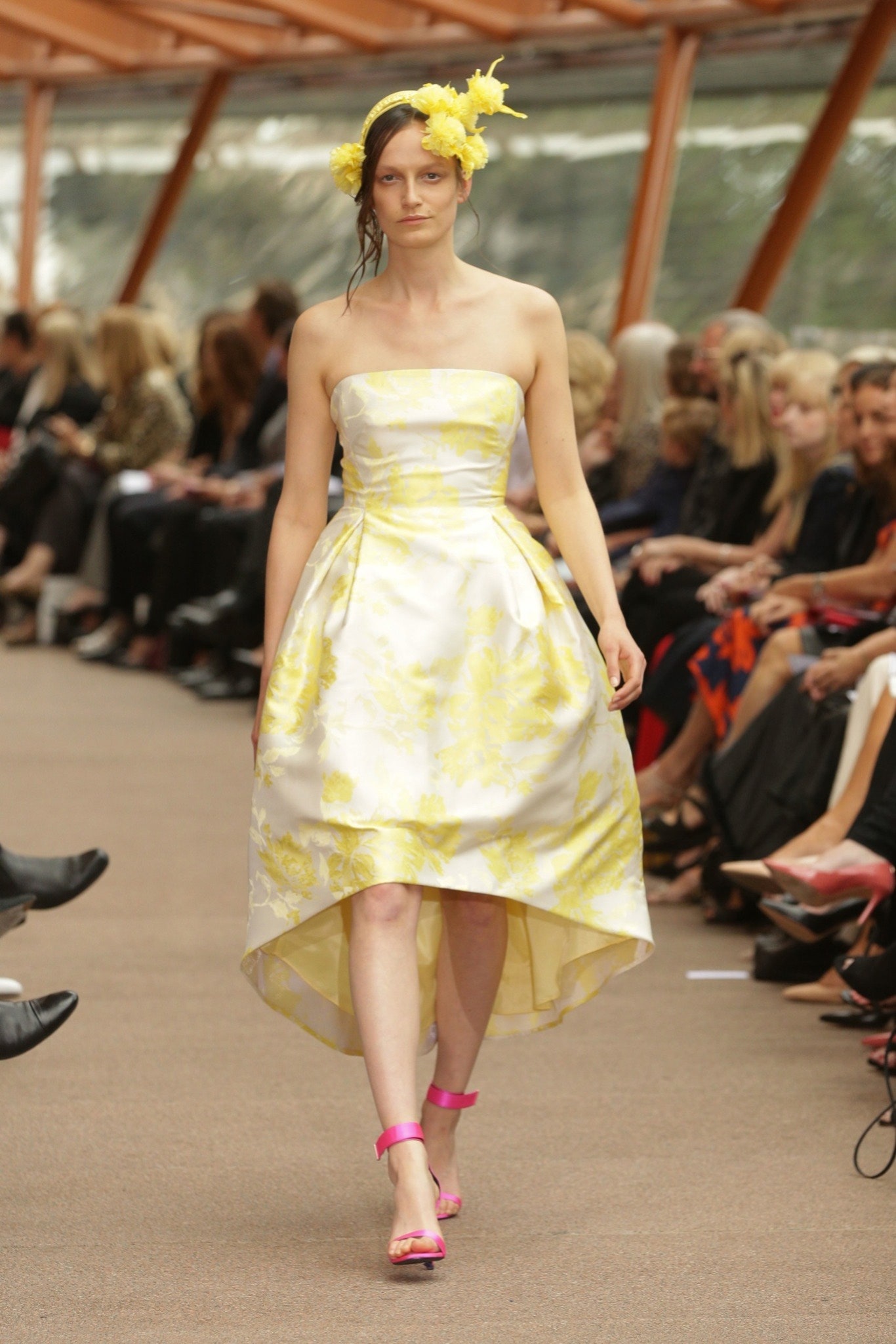 strapless yellow floral high-low dress