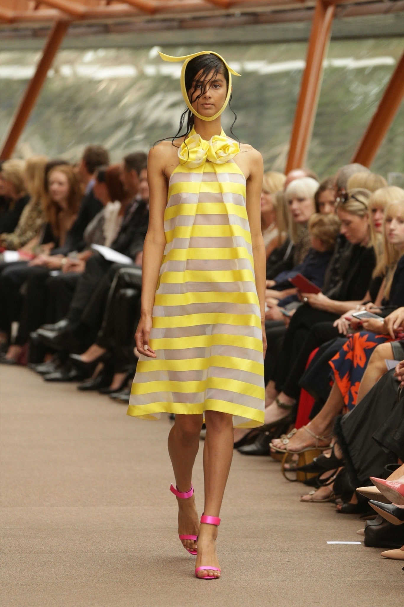 yellow organza halter high-neck relaxed striped a-line midi-dress