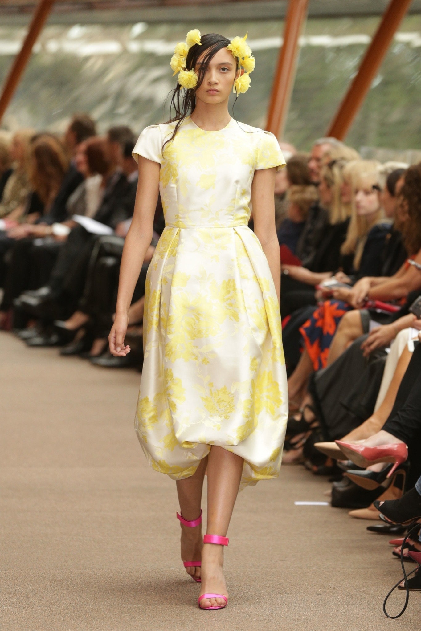 white satin short-sleeve high-neck fitted floral draped midi-dress