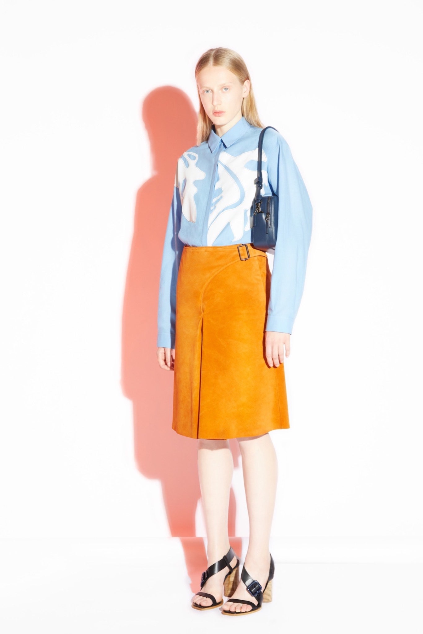 orange suede wrap high-waisted a-line buckled textured skirt
