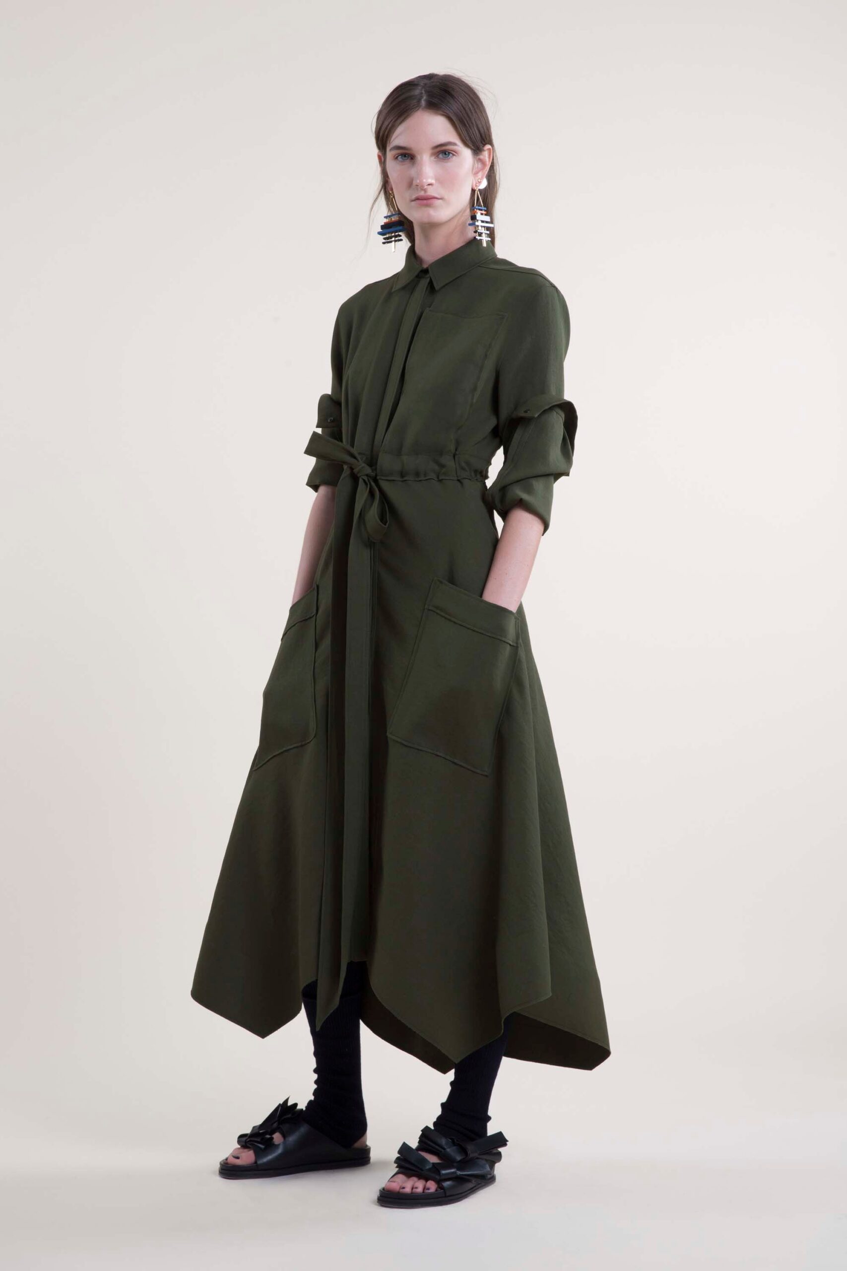 olive green belted shirt dress
