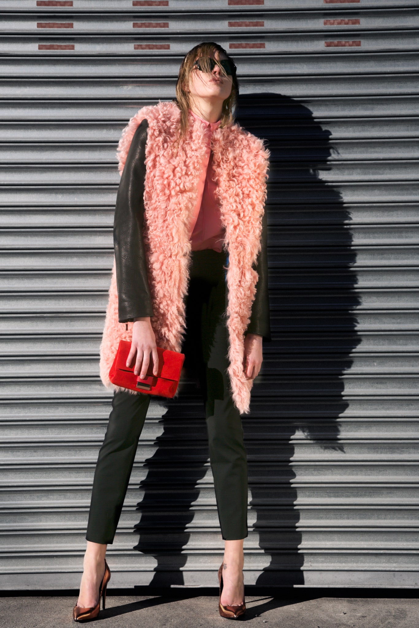 pink shearling panel coat