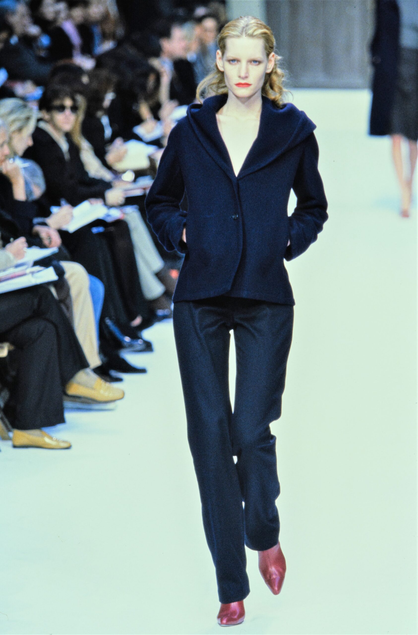 navy shawl-collar knit jacket
