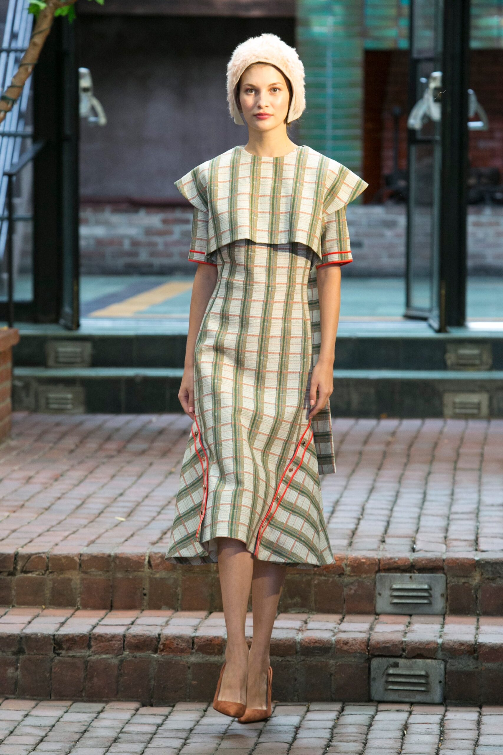 checked cape-overlay midi dress
