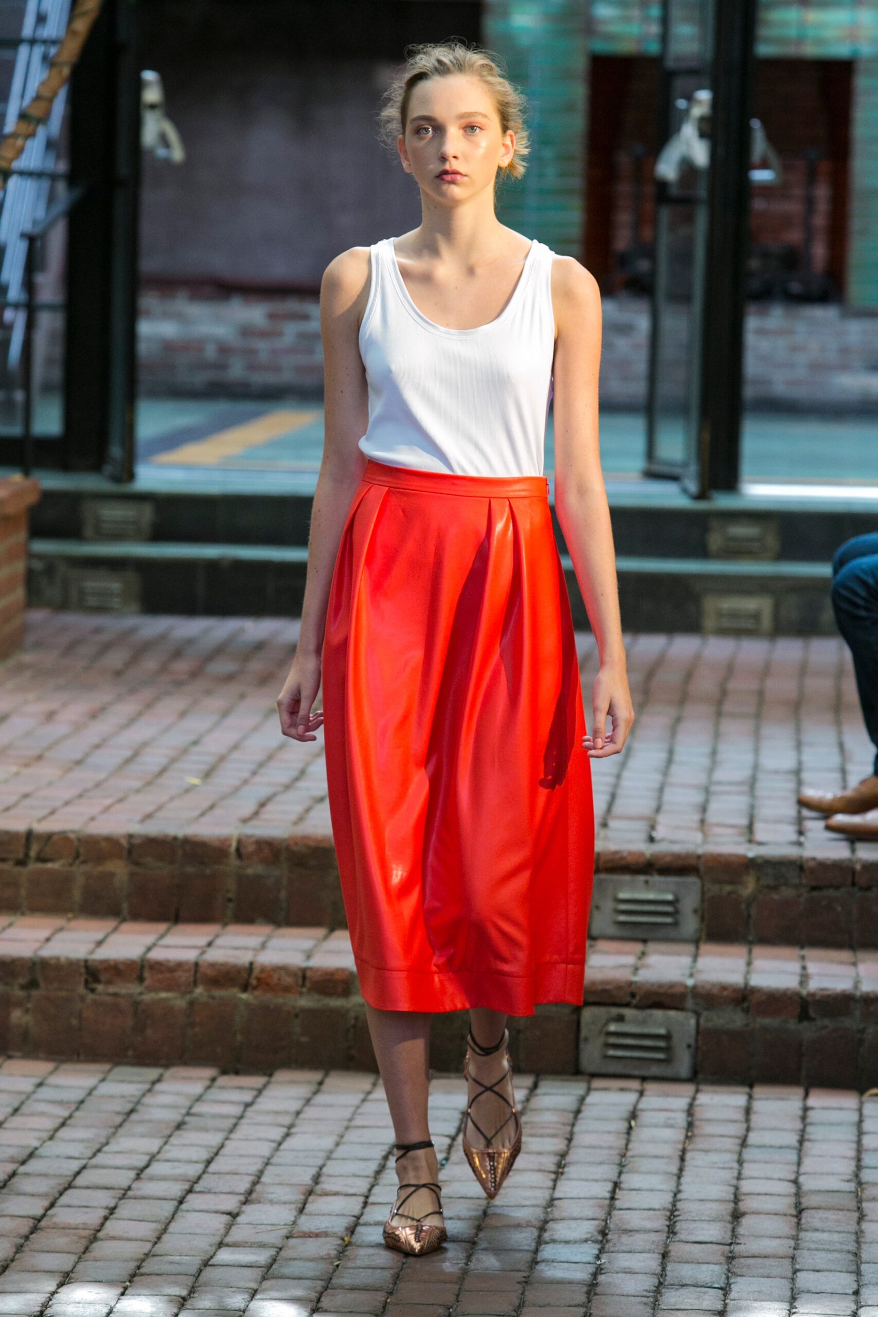 red leather midi skirt