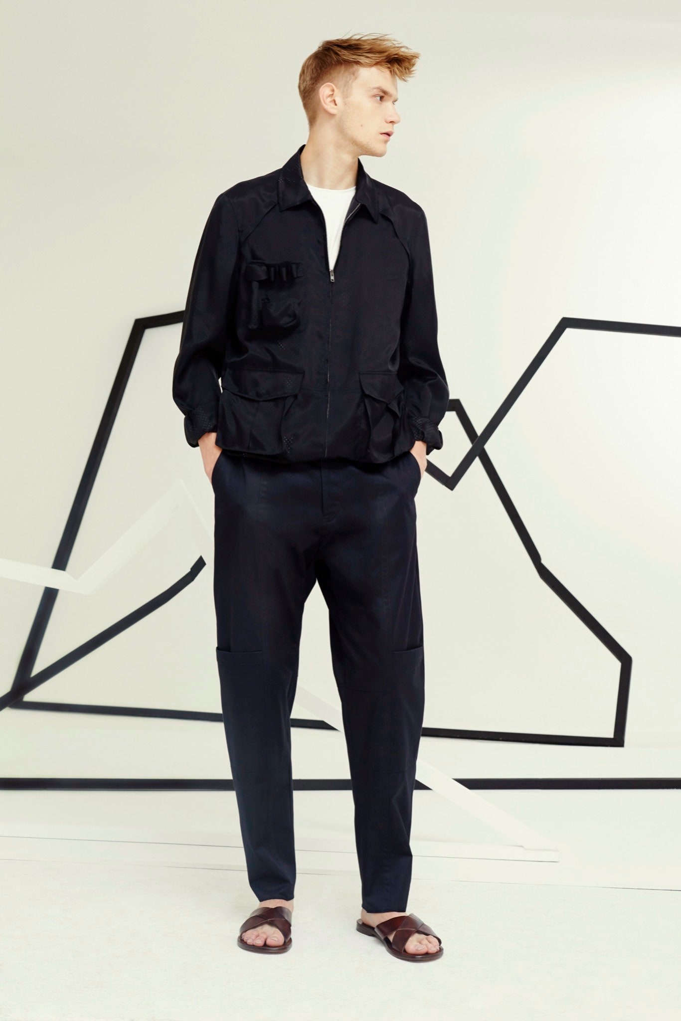 black nylon long-sleeve collared relaxed zippered pockets jacket