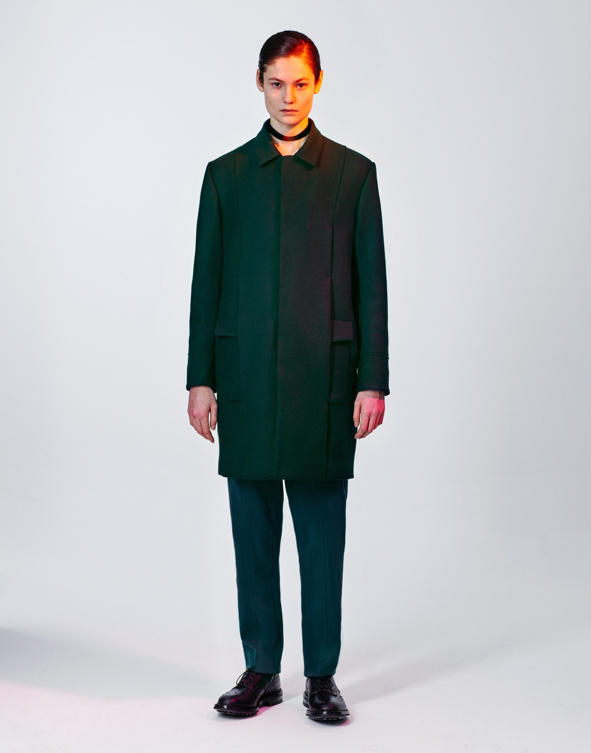 green concealed placket tailored coat