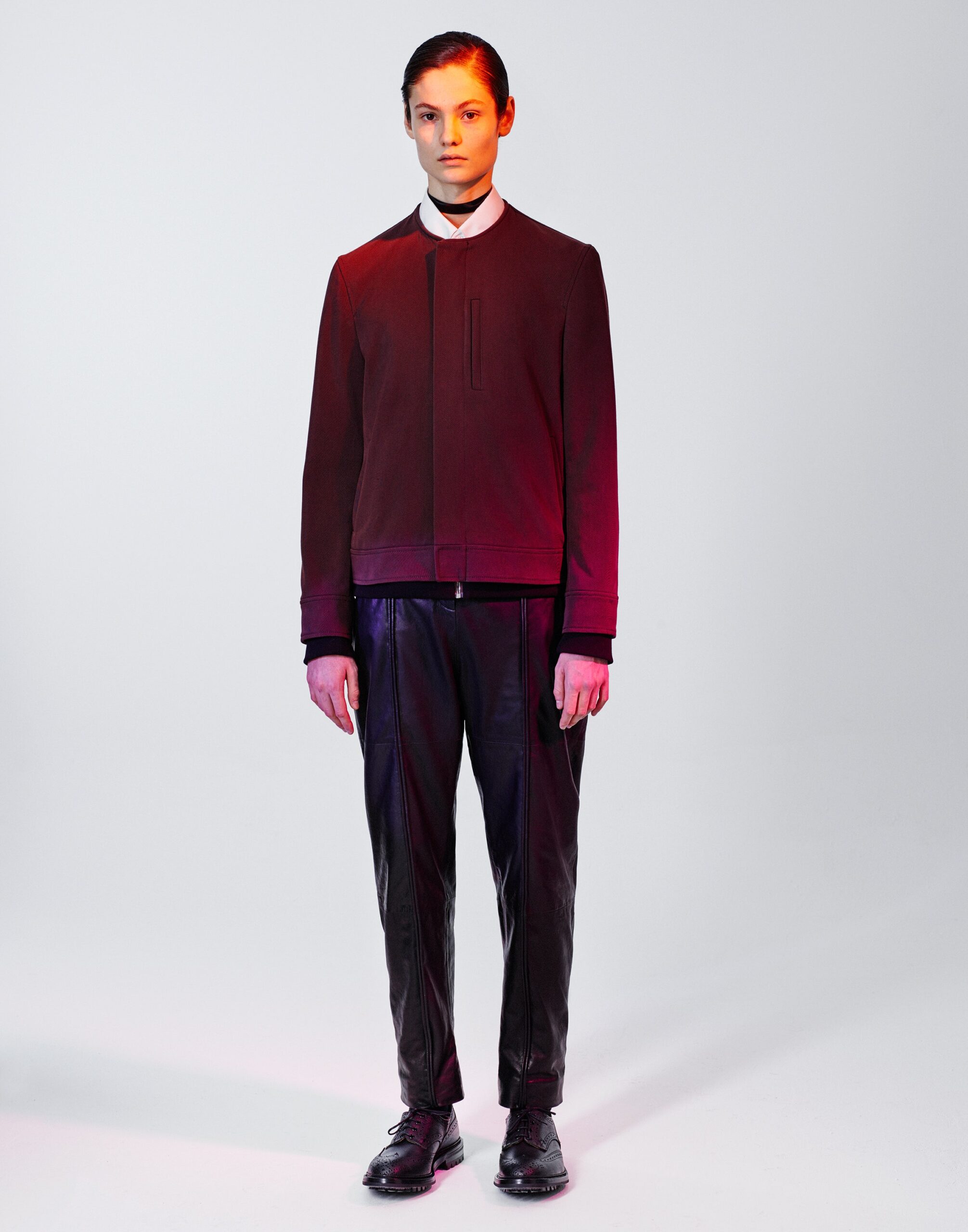 minimal zip-front maroon jacket