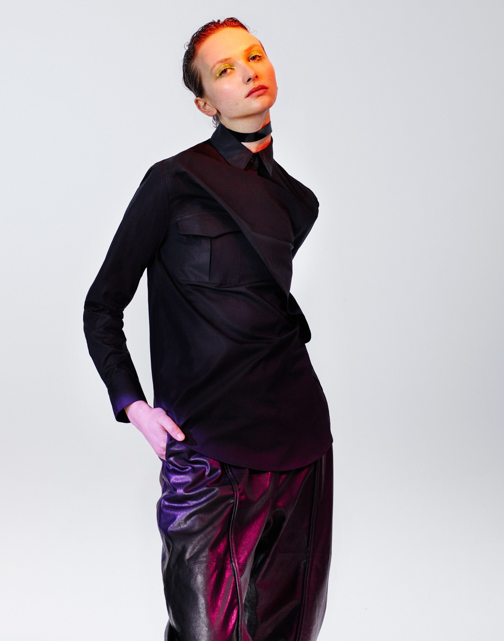 black draped bib-front shirt