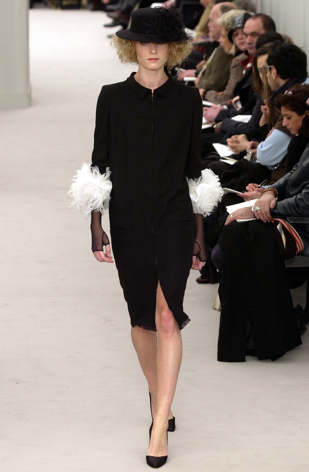black unknown long-sleeve collared tailored feathered zippered midi-dress