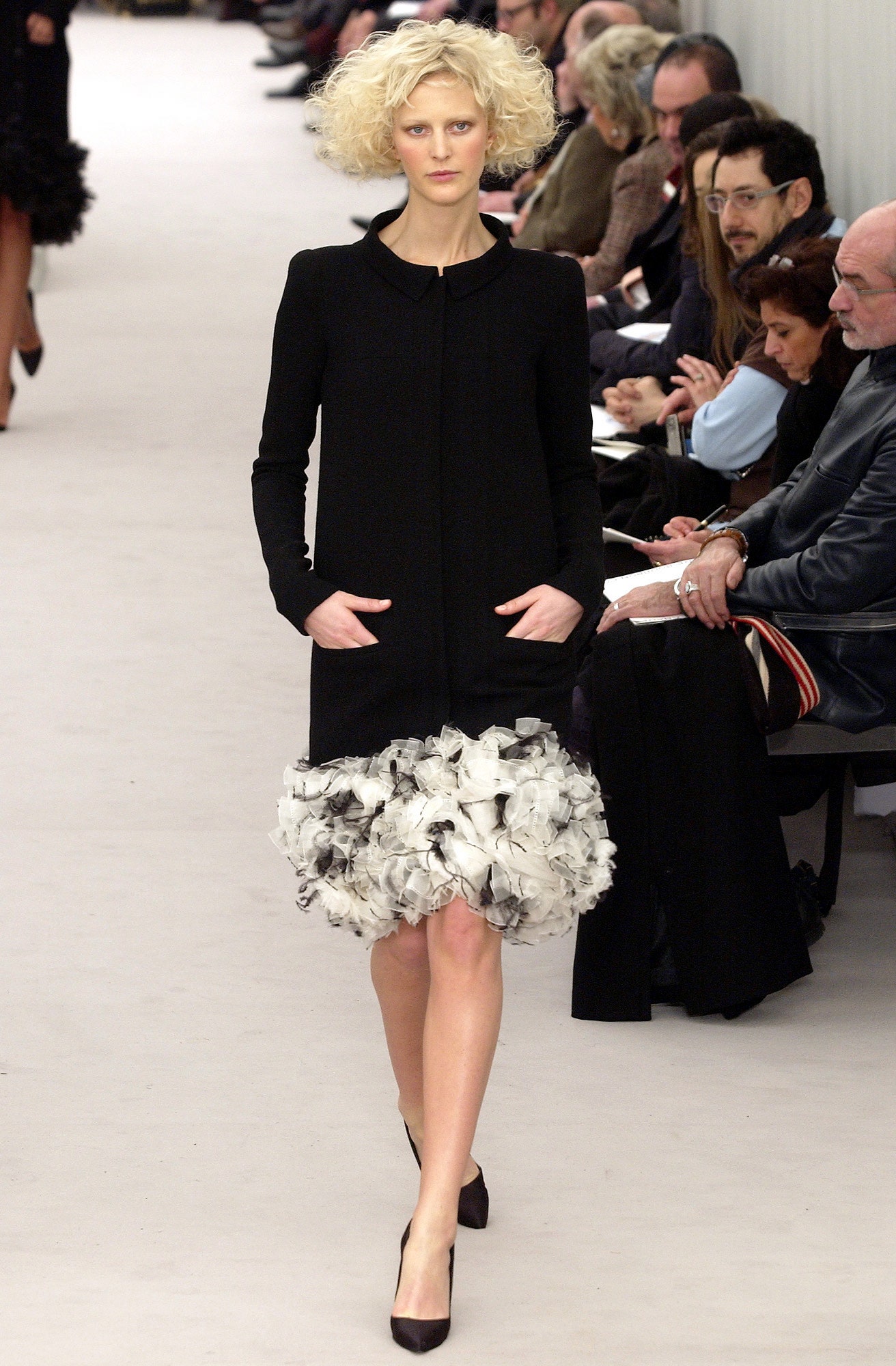 black unknown long-sleeve collared structured ruffled embellished dress
