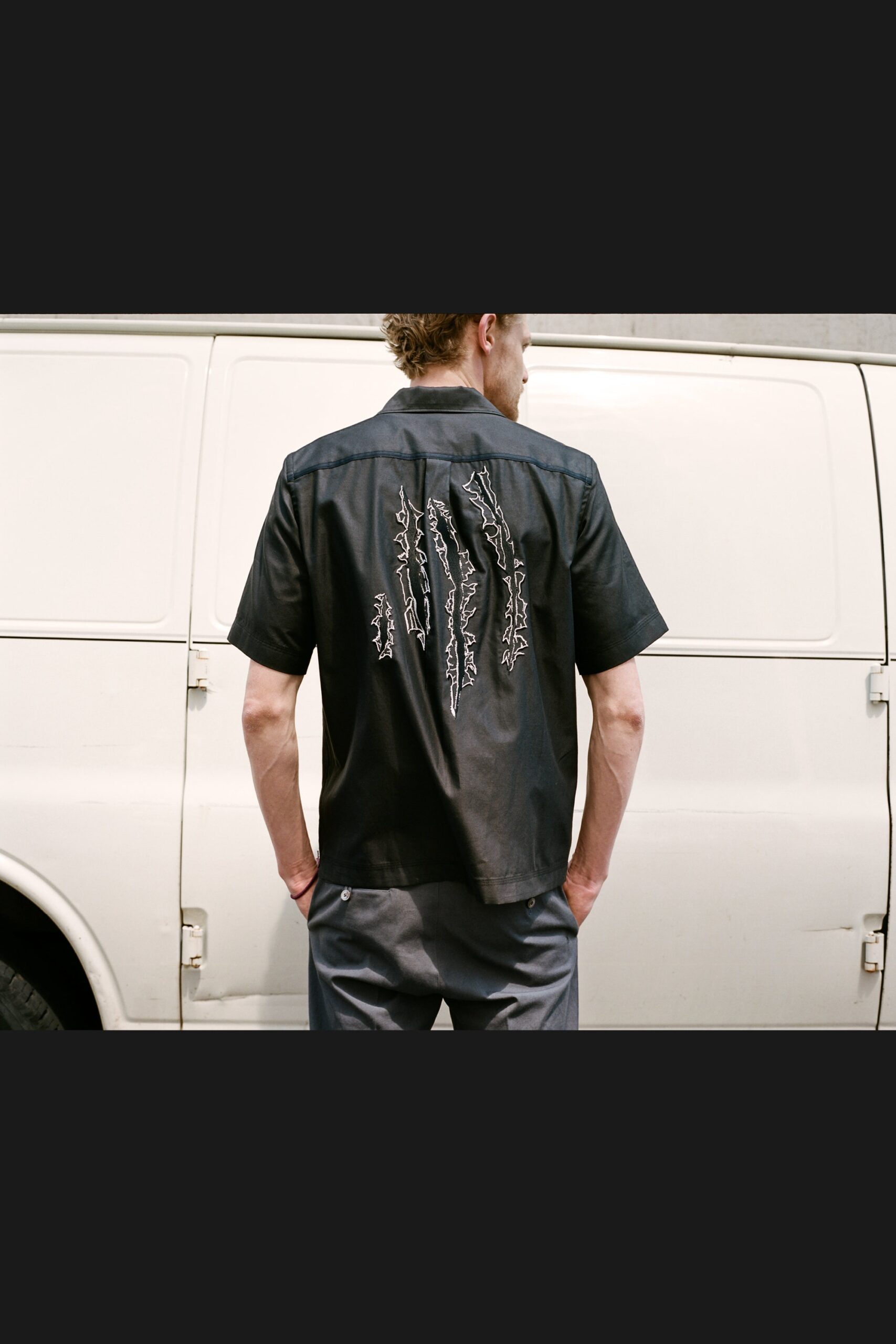 embroidered black camp shirt
