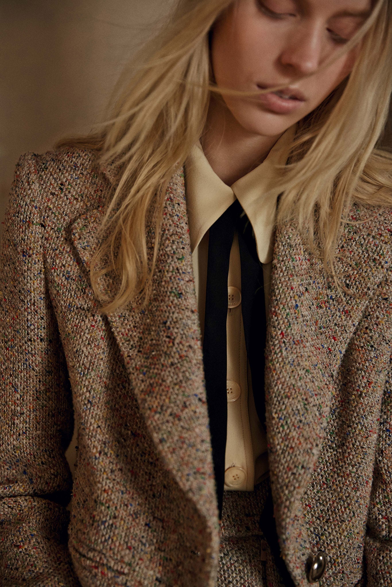 beige tweed long-sleeve open-front tailored textured blazer