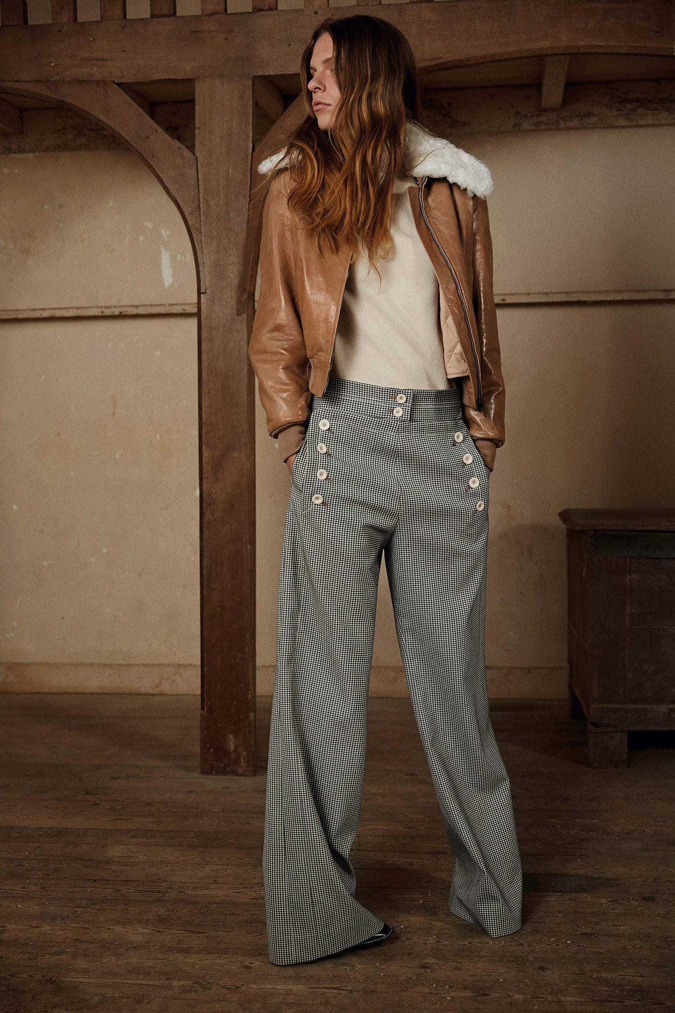 brown leather long-sleeve collared zippered textured cropped jacket