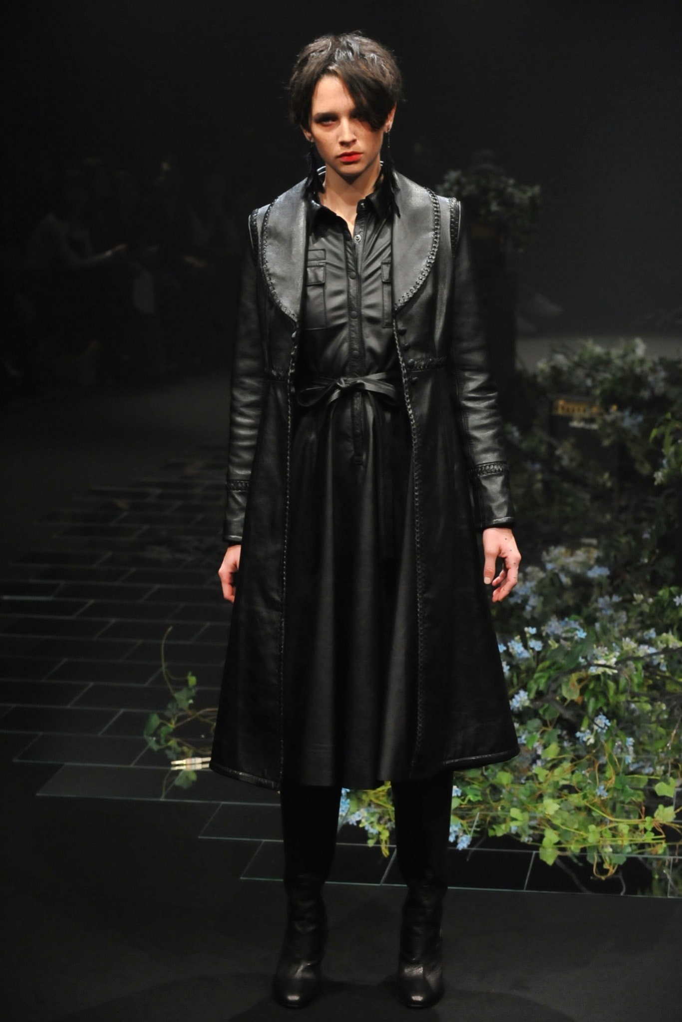 black leather cape-collar coat