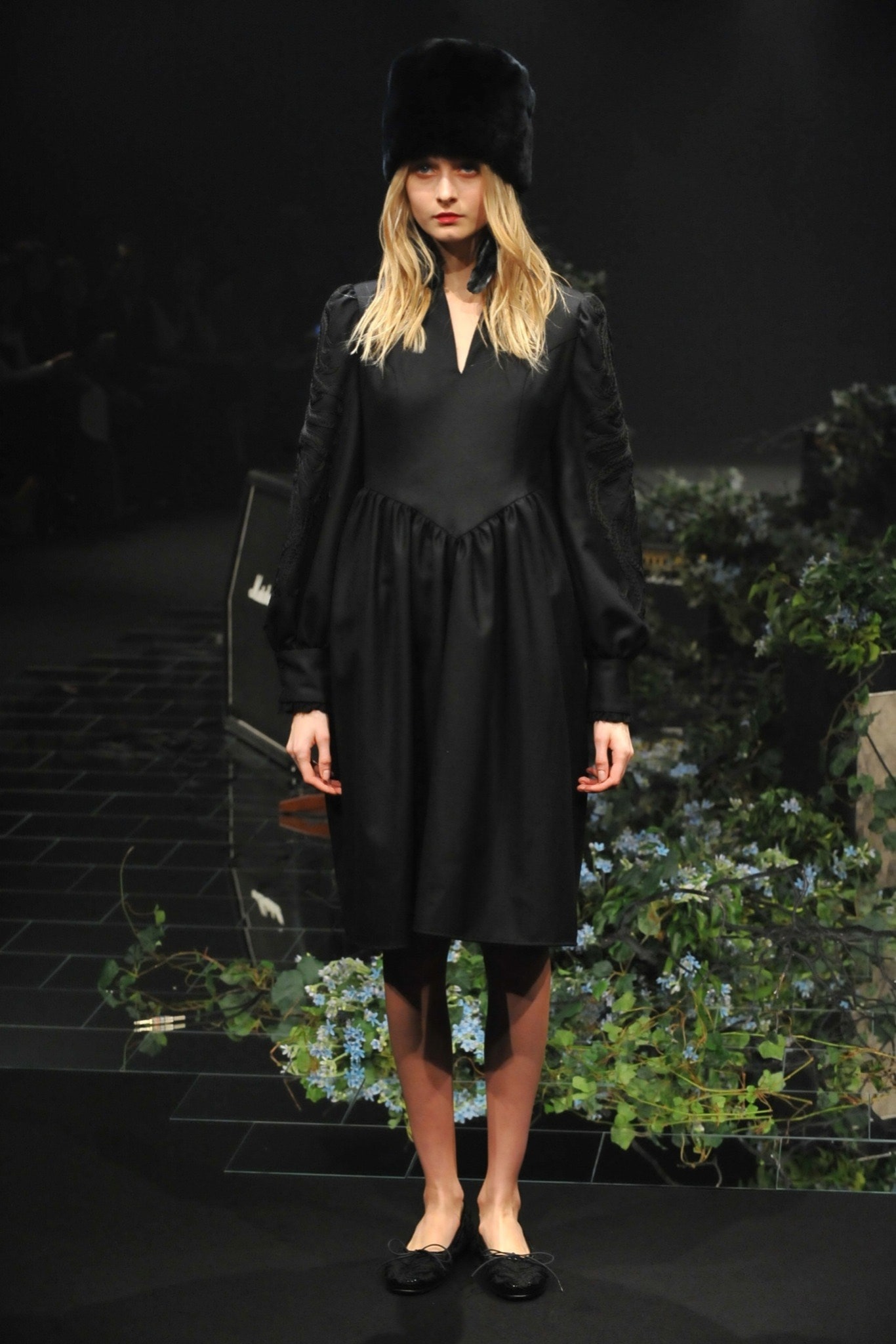 black drop-waist long-sleeve midi dress