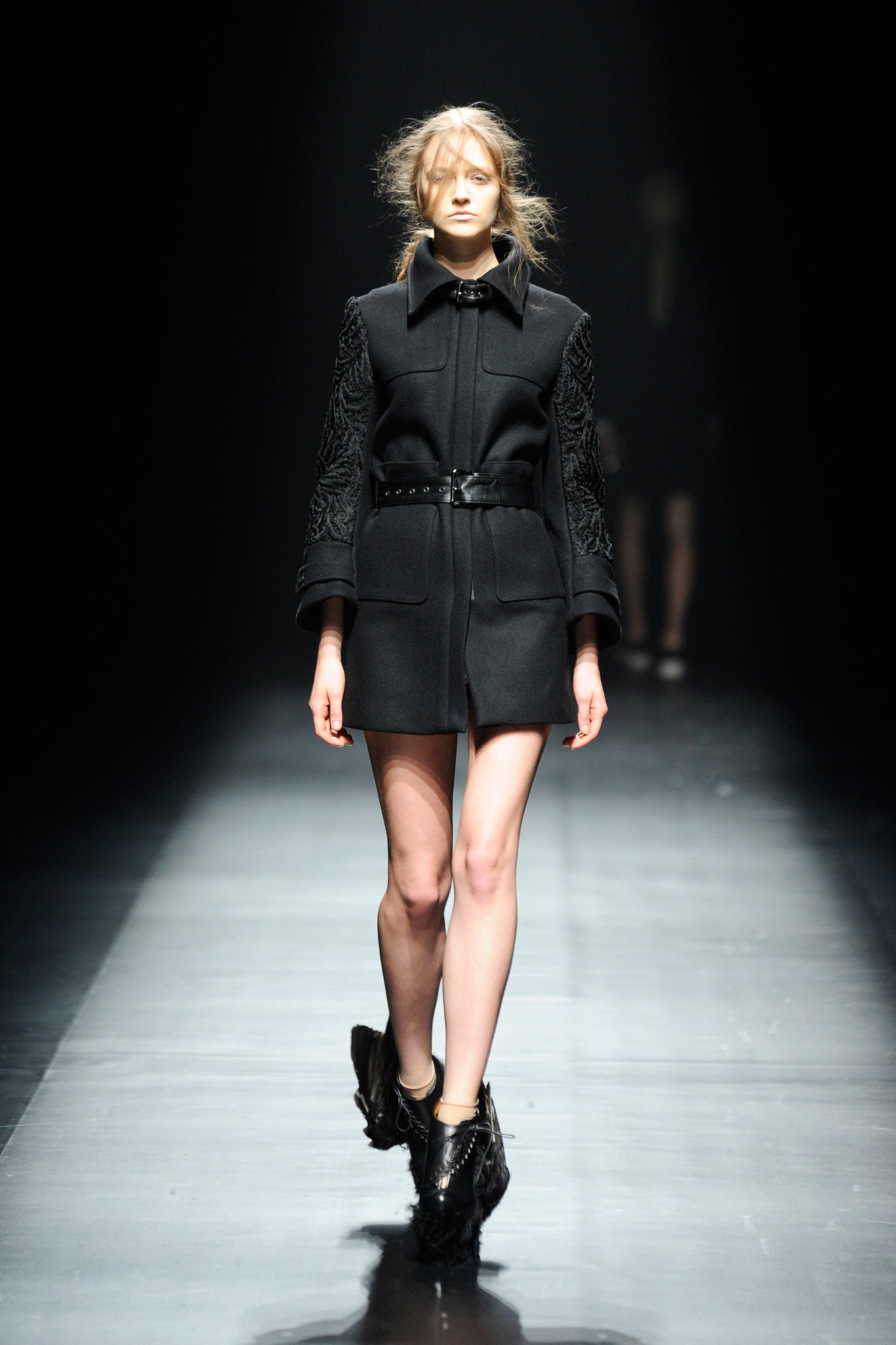 black belted coatdress with lace sleeves