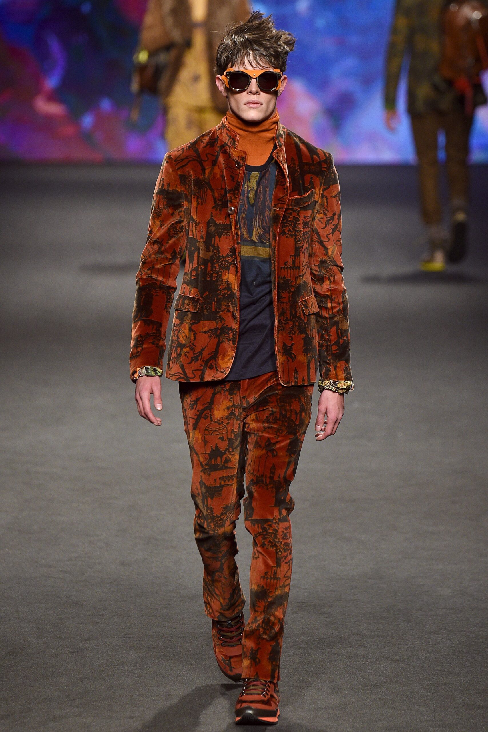 orange velvet long-sleeve high-neck tailored printed buttoned jacket