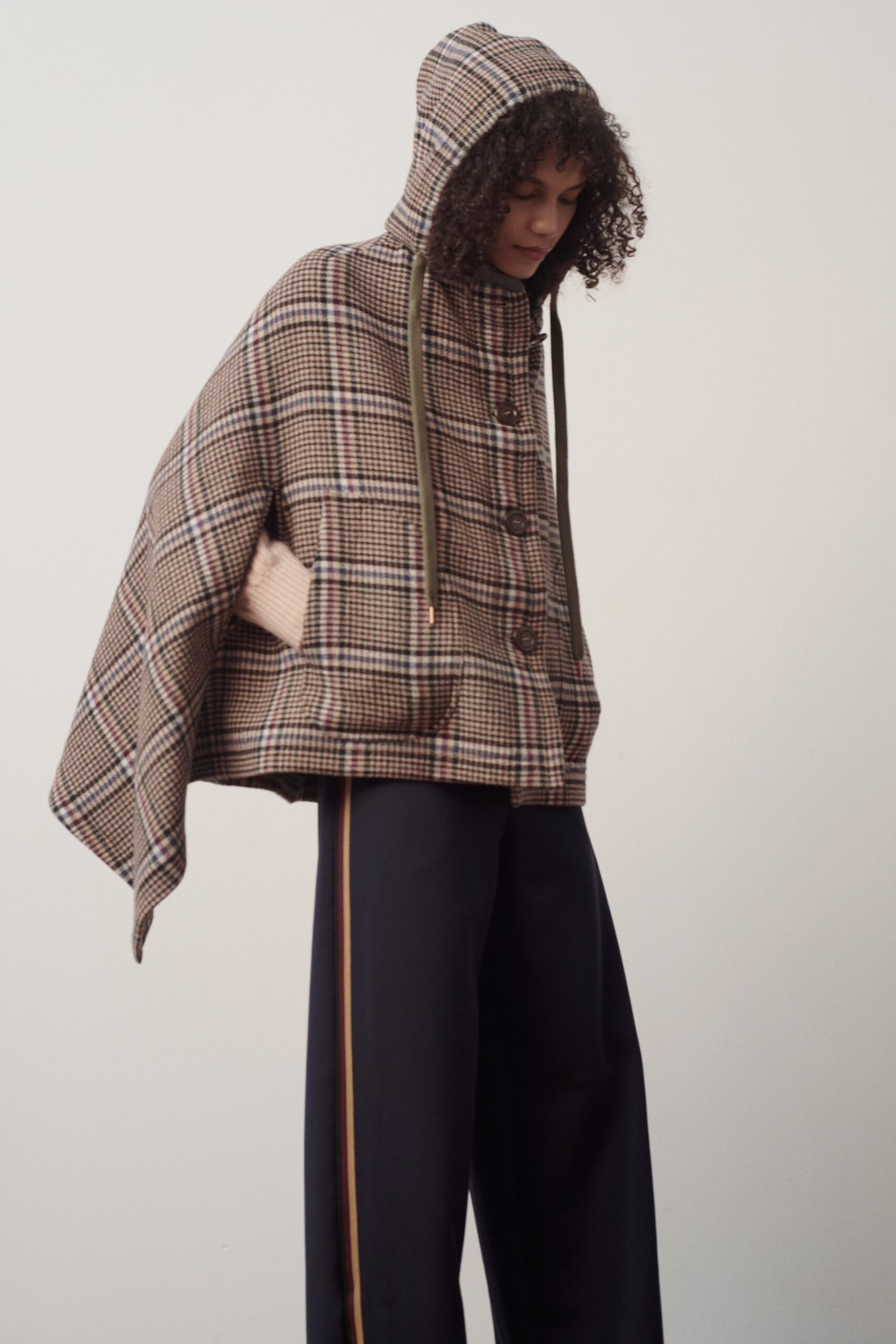 checked hooded wool cape