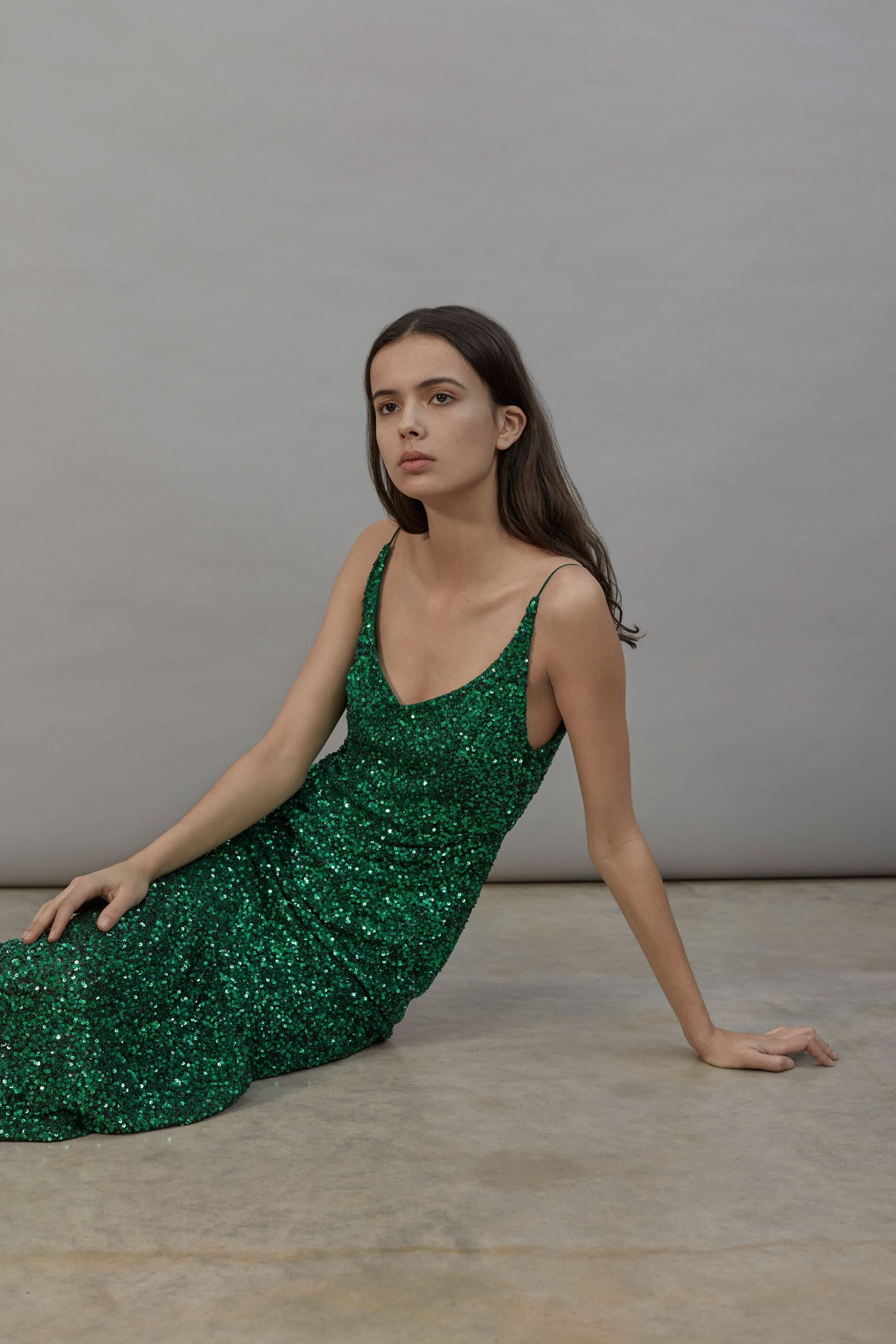 green sequined spaghetti-strap maxi dress